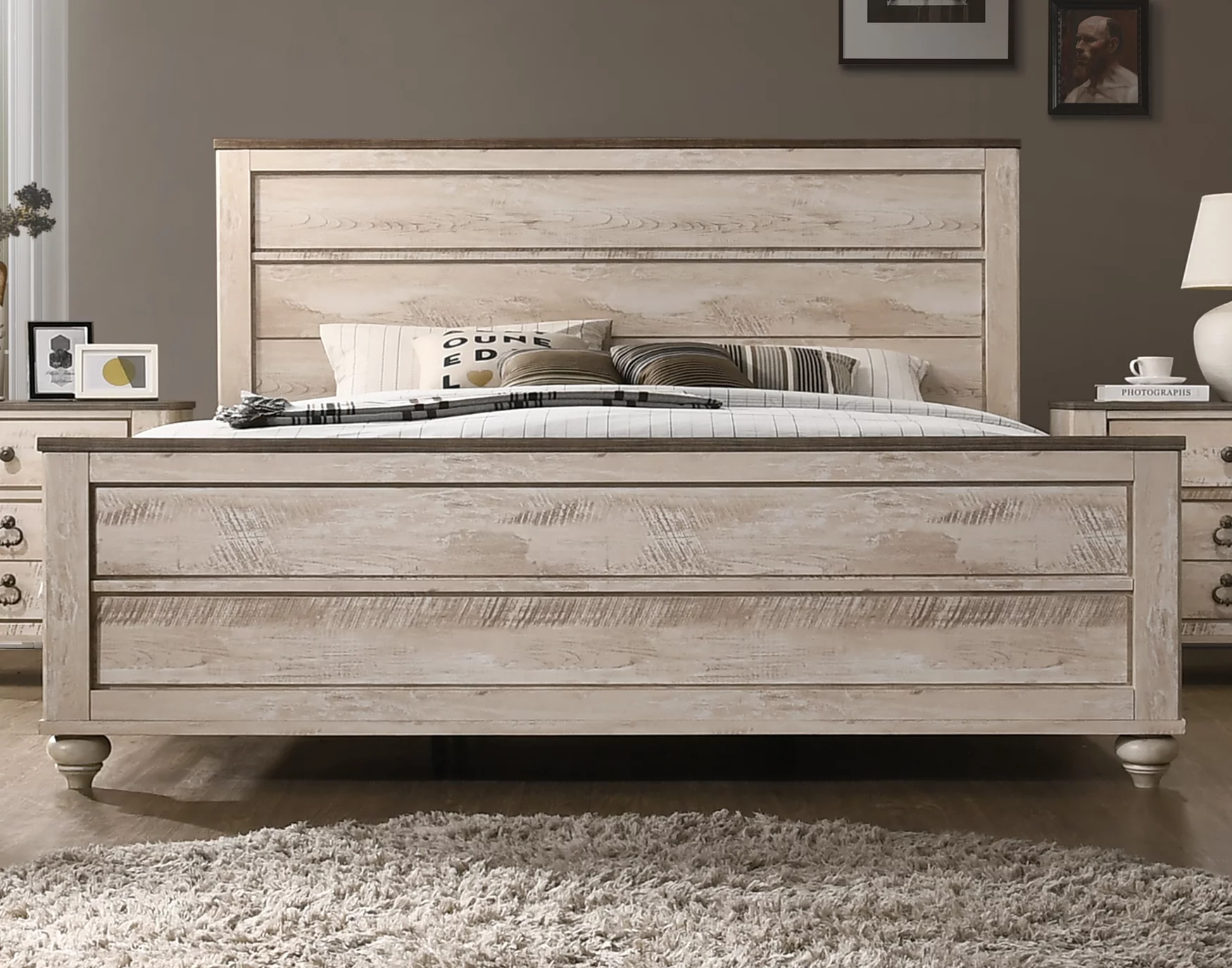 Roundhill Imerland Contemporary White Wash Finish Bedroom Set, Queen Bed, Dresser, Mirror, Nightstand, Chest