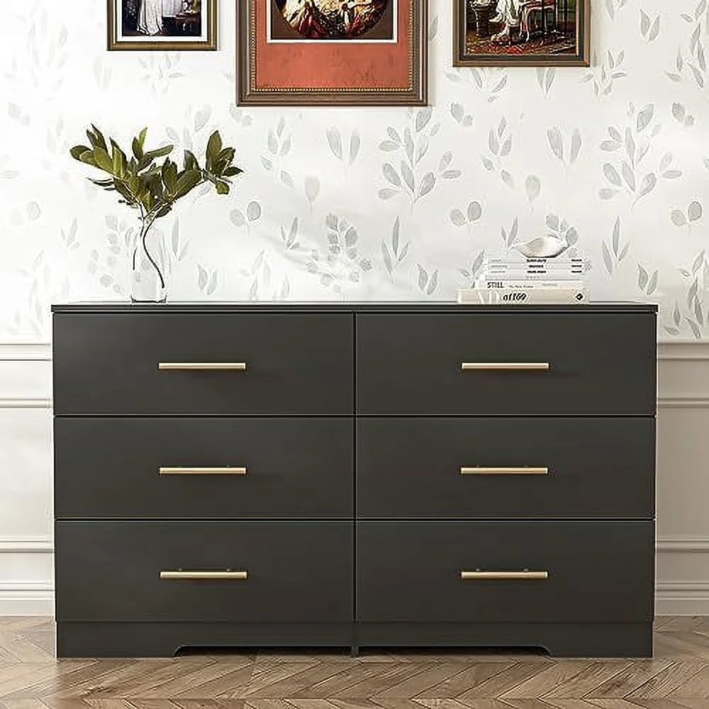 NLIBOOMLife Black Dresser for Bedroom 6 Drawer Dresser Chest of Drawers & Dresser Wide Wood Dresser TV Stand Dresser for Bedroom