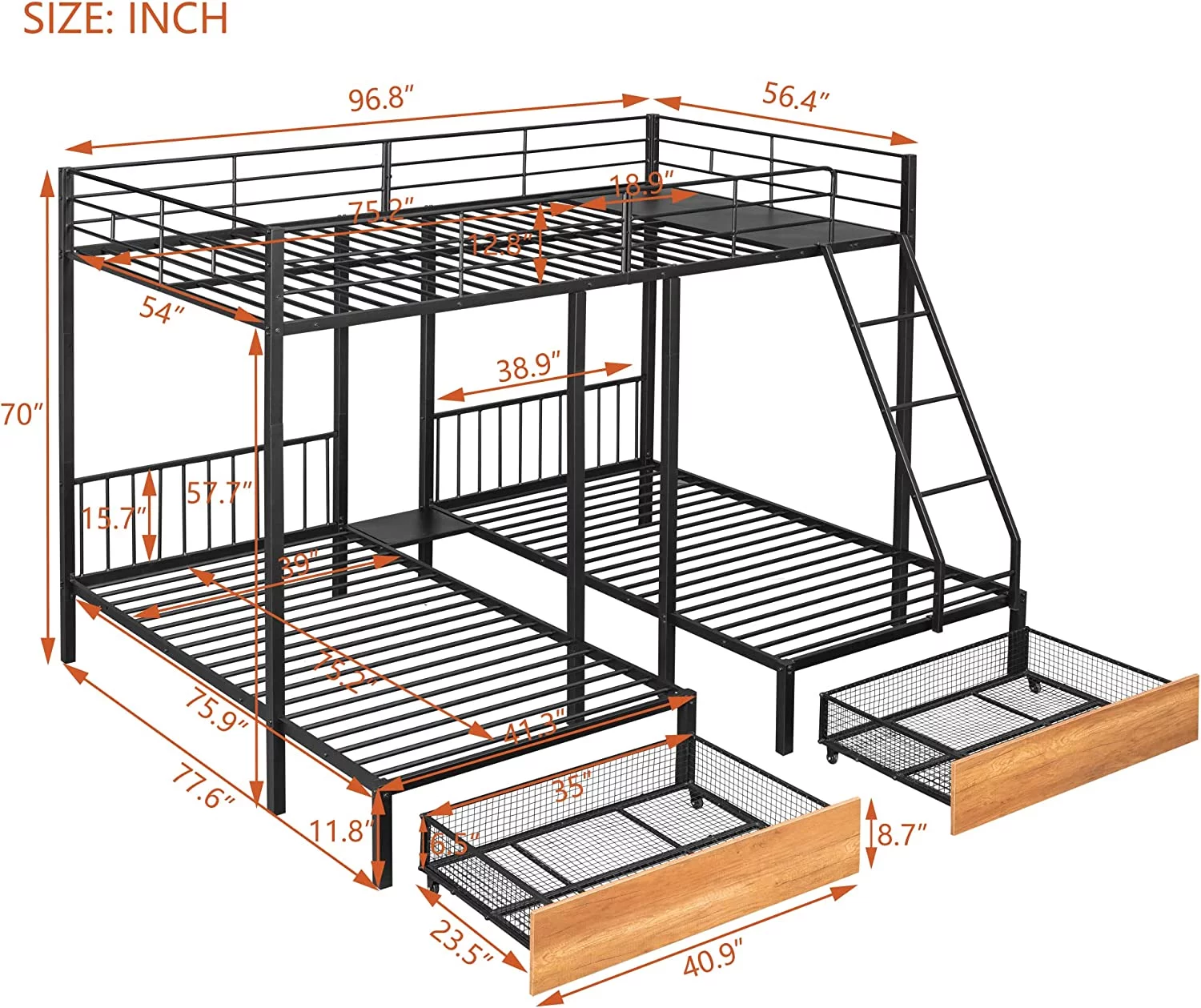 Metal Triple Bunk Bed With Drawers And Guardrails, Full Over & Bunk Bed For 3, Space-Saving, Noise Free, No Box Spring Needed - Black