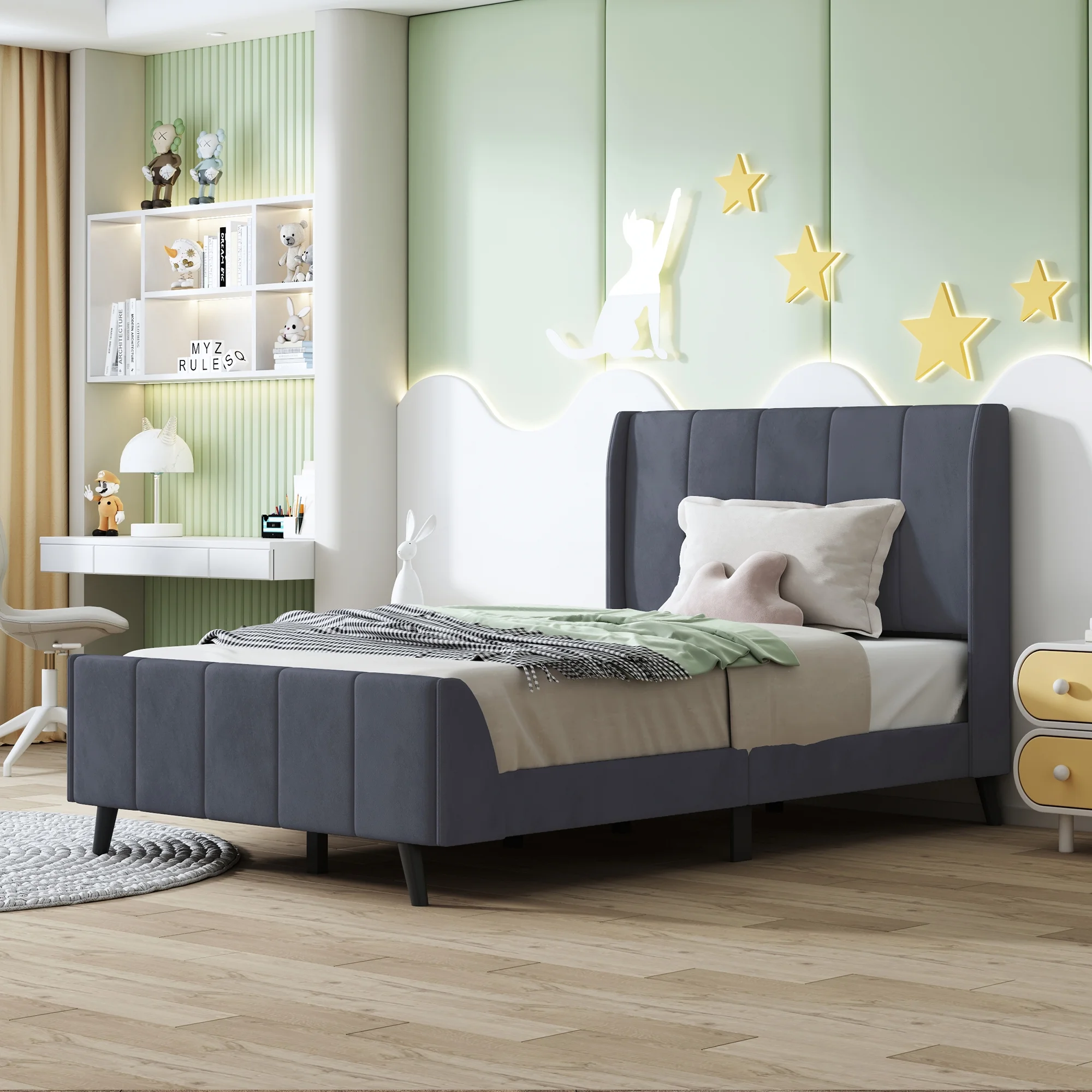 Churanty Twin Size Upholstered Platform Bed, Velvet, Gray