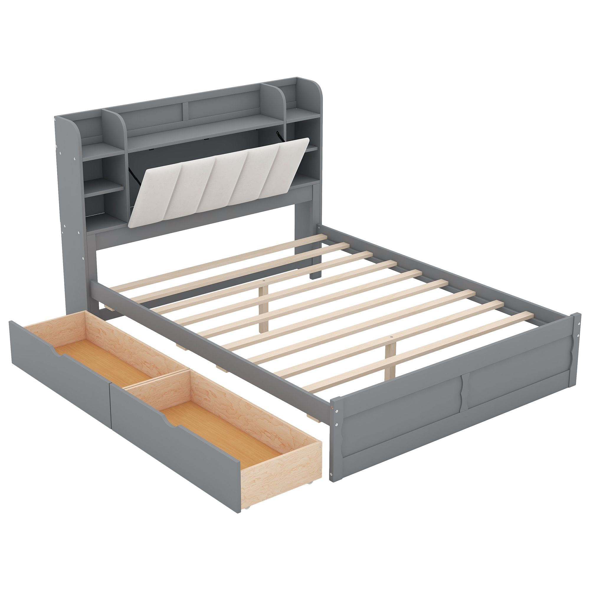 Queen Size Solid Wood Bed Frame with Storage Headboard, Shelves and 2 Drawers, Platform Bed Frame, Mid Century Bedframe, Wood Foundation(Gray, Queen)