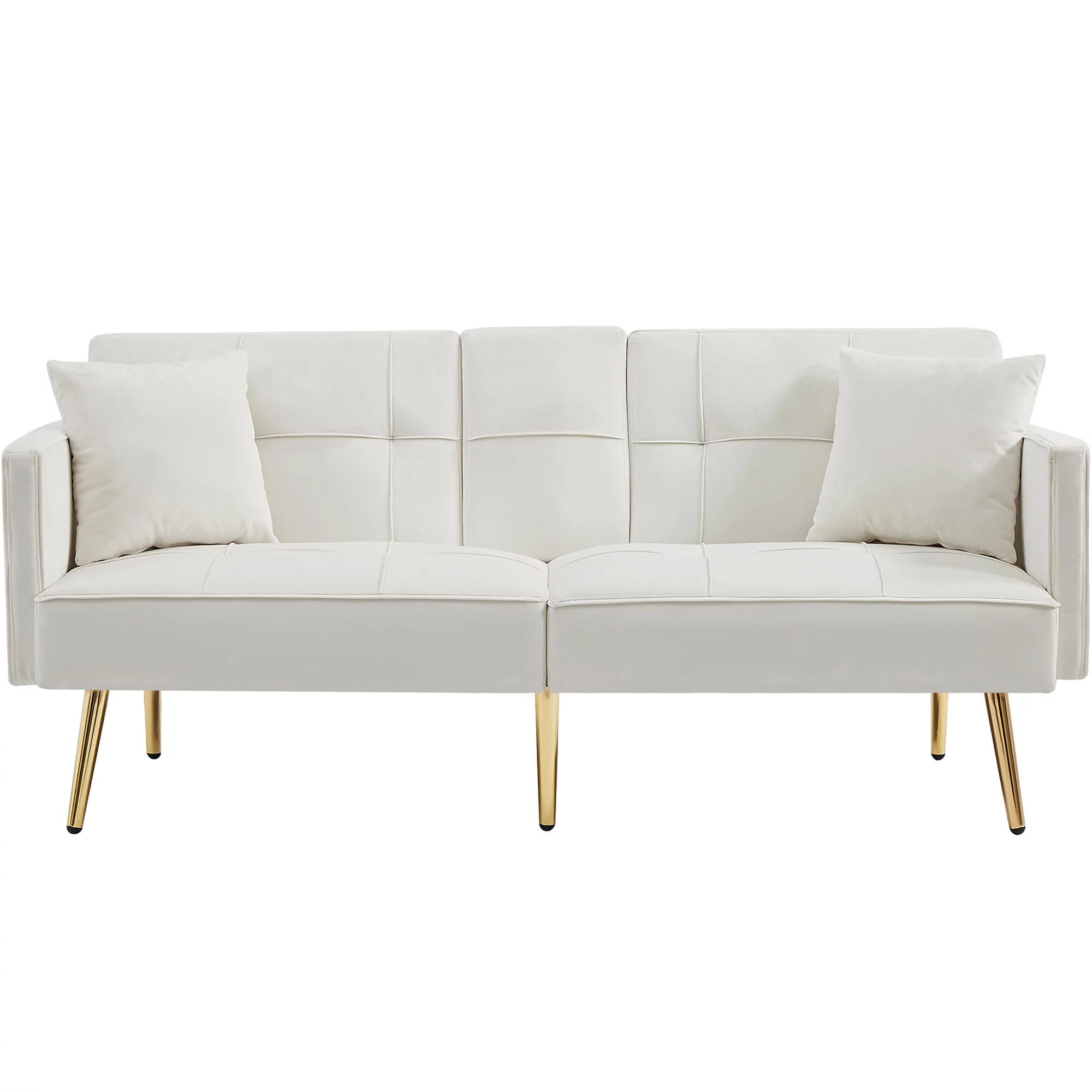 SYNGAR Couches for Living Room, Velvet Upholstered Convertible Sofa Bed with Armrests, Adjustable Backrest, Mid Century Futon Sofa and Couch for Home Apartment Dorm Living Room, White