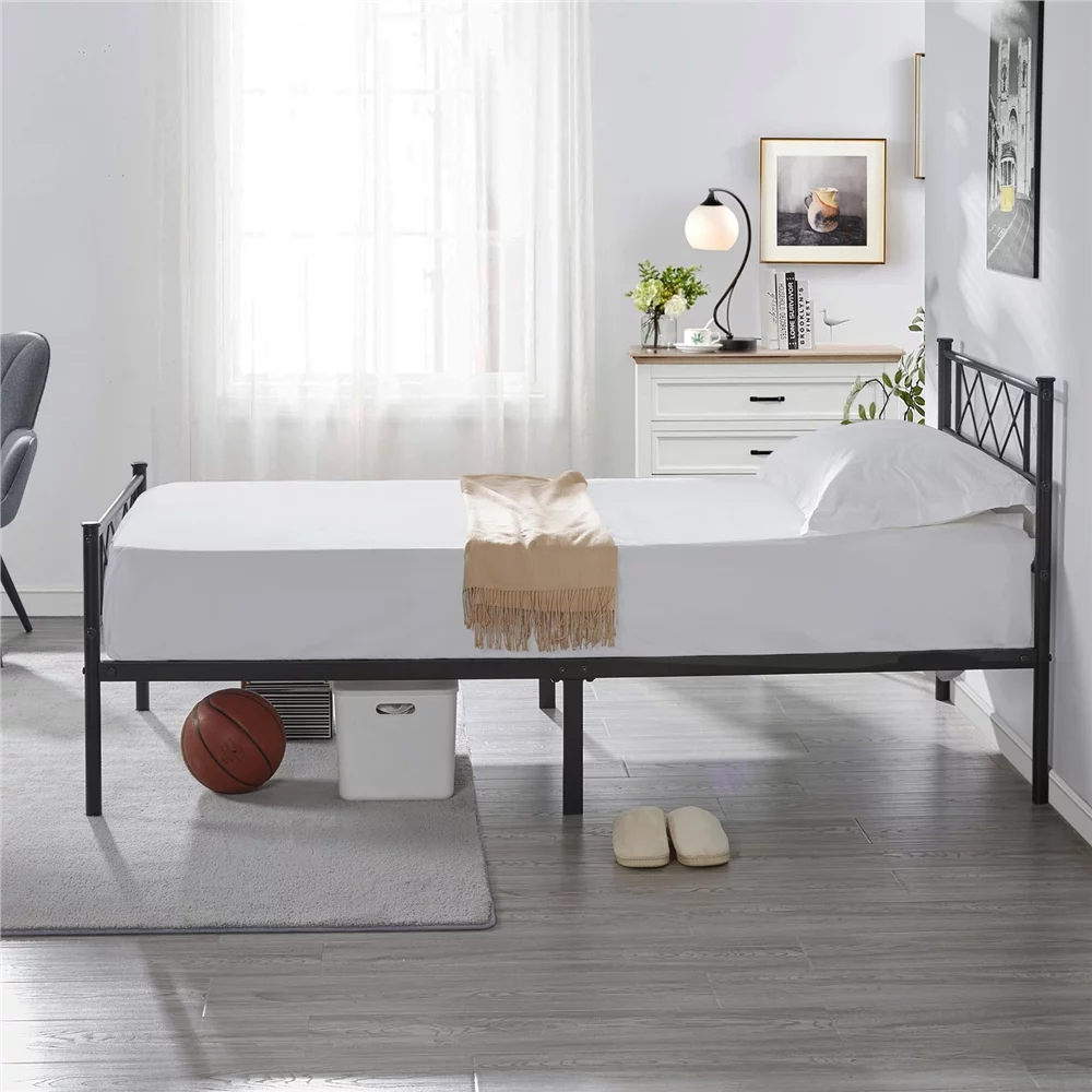 Yaheetech Black Metal Slat Base Twin Bed with X Design Headboard & Footboard