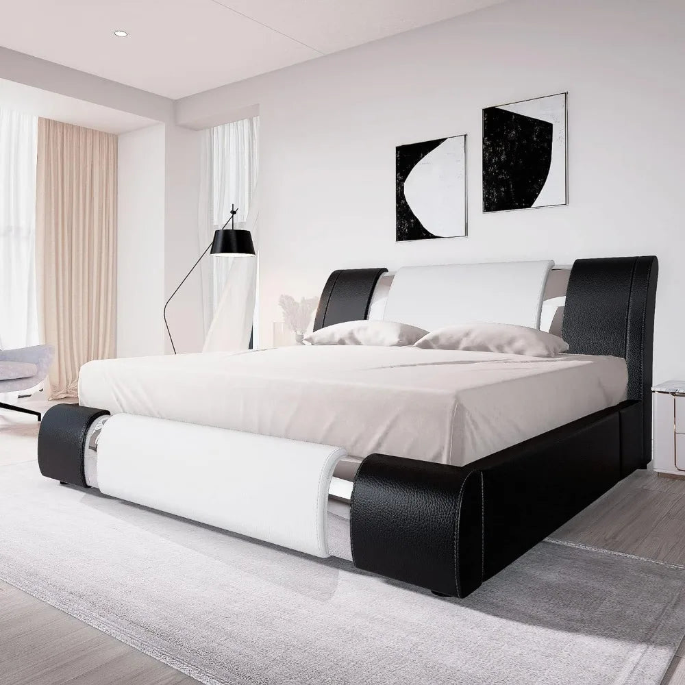 Bed frame, faux leather padded table bed with adjustable headboard, supported by wooden boards, oversized bed frame
