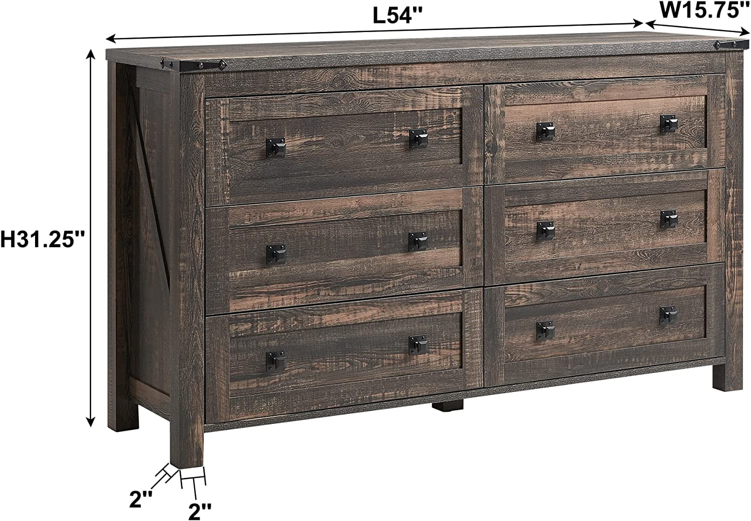 Farmhouse 6 Drawers Dresser Chests for Bedroom Wood Rustic Wide Chset of Drawers Storage Dressers Organizer for Bedroom Living Room Hallway Dark Rustic Oak