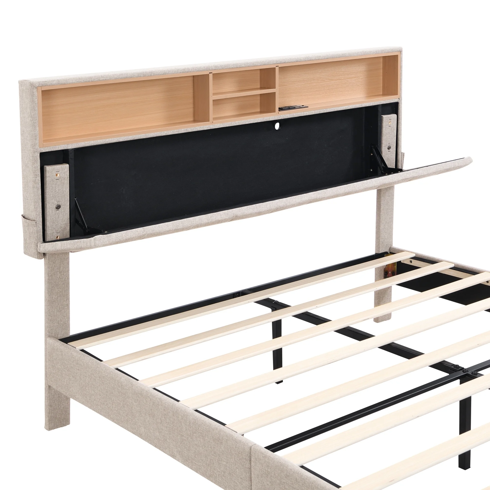 Linen Fabric Upholstered with Bookcase Headboard and USB Port, Wood Platform Bed Frame, No Box Spring Needed Beige - Queen