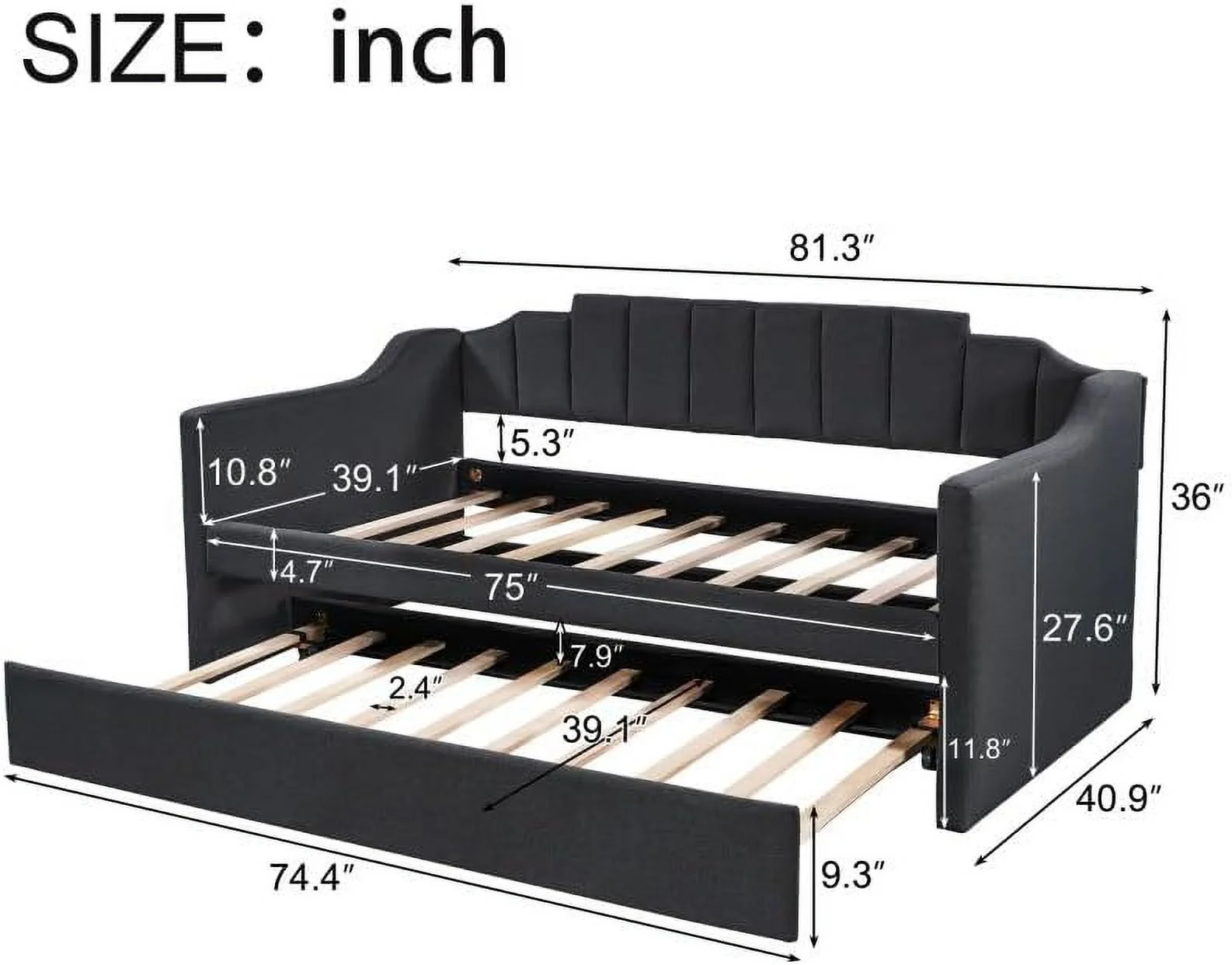 YGDU TZ012, Upholstered Twin Daybed with Trundle, Modern Wood Sofa Bed for for Living Room and Bedroom,No Spring Box Needed, Black