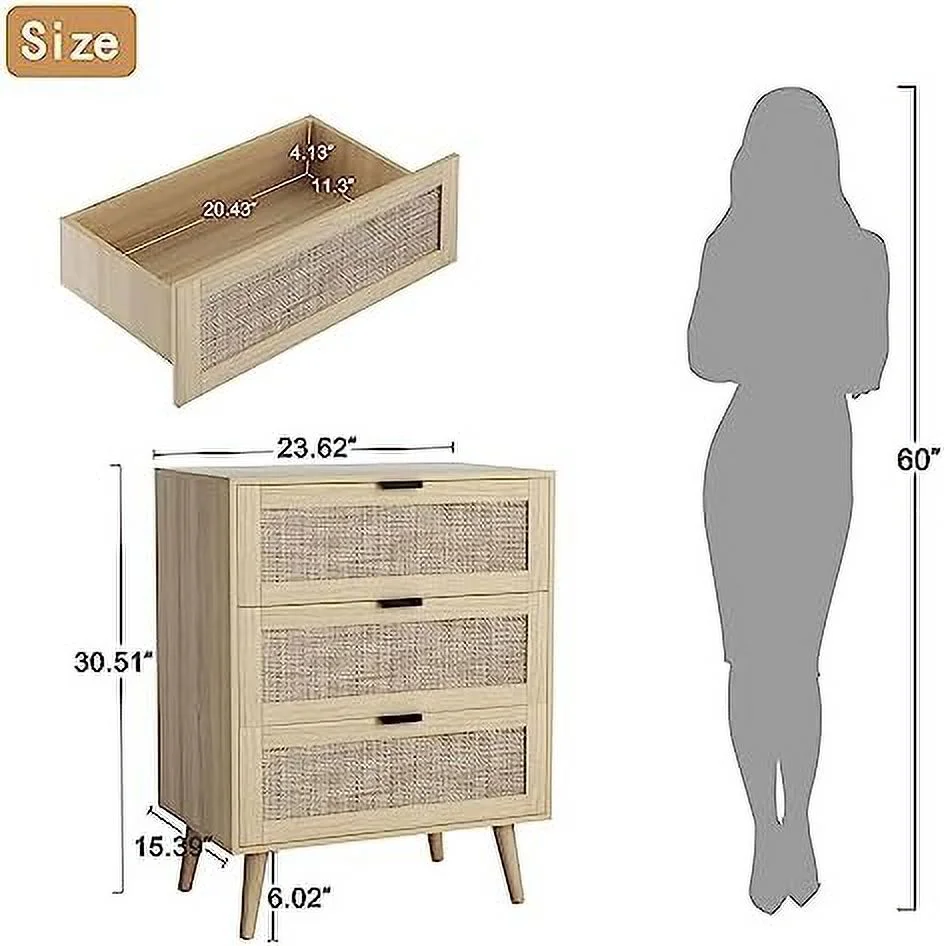 TJUNBOLIFE 3 Drawer Dresser Chests for Bedroom 3 Drawer Nightstand Rattan Small Dresser Cabinet of 3 Drawers with Solid Wood Legs & Metal Handles