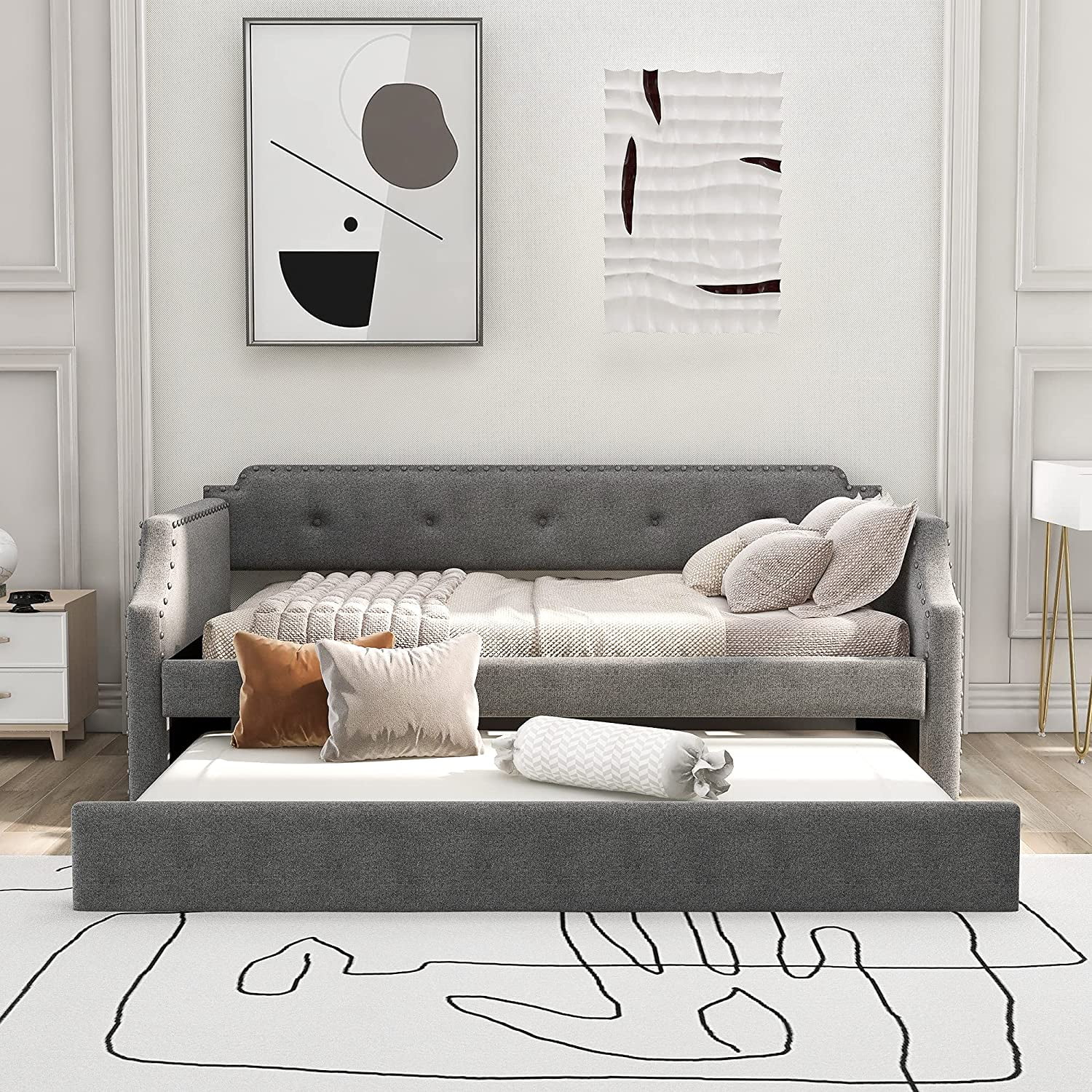 Twin Upholstered Daybed Frame with Trundle, Twin Size Sofa Bed for Bedroom Living Room Guest Room, Wood Slat Support, Gray