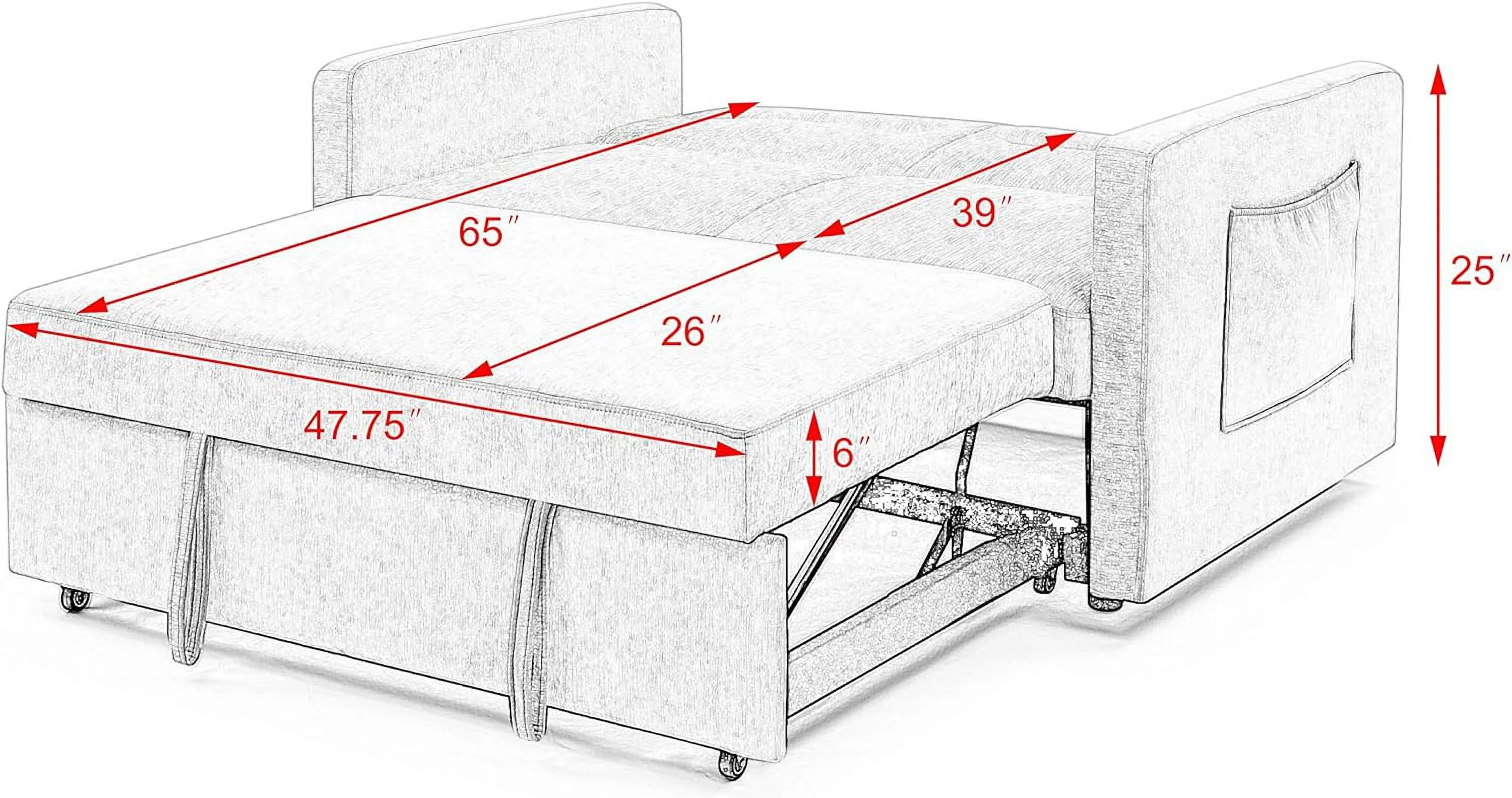Modern Convertible Sleeper Sofa Bed With Two Arm Pockets, Fabric Sofa W/Pull-Out Bed Loveseat Sofa Couch And Adjustable Back For Living Room (Grey)