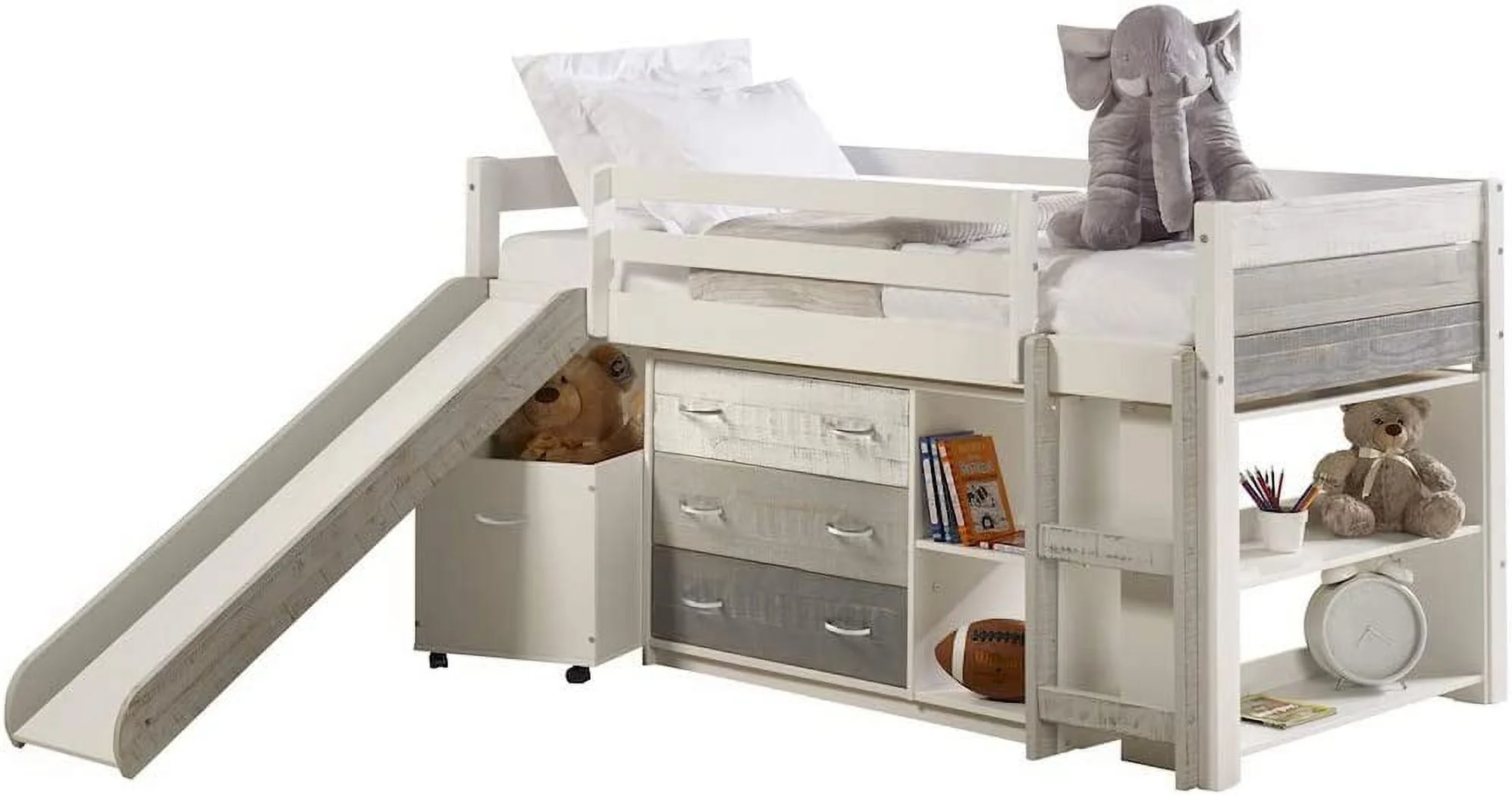 Donco Kids Twin Panel Low Loft Bed with Slide & Case Pieces in Two-Tone Grey/White Finish