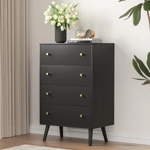 KHBIULIFE Dresser for Bedroom Modern White Dresser with 4 Drawers Tall Chest of Drawers with Gold Handles