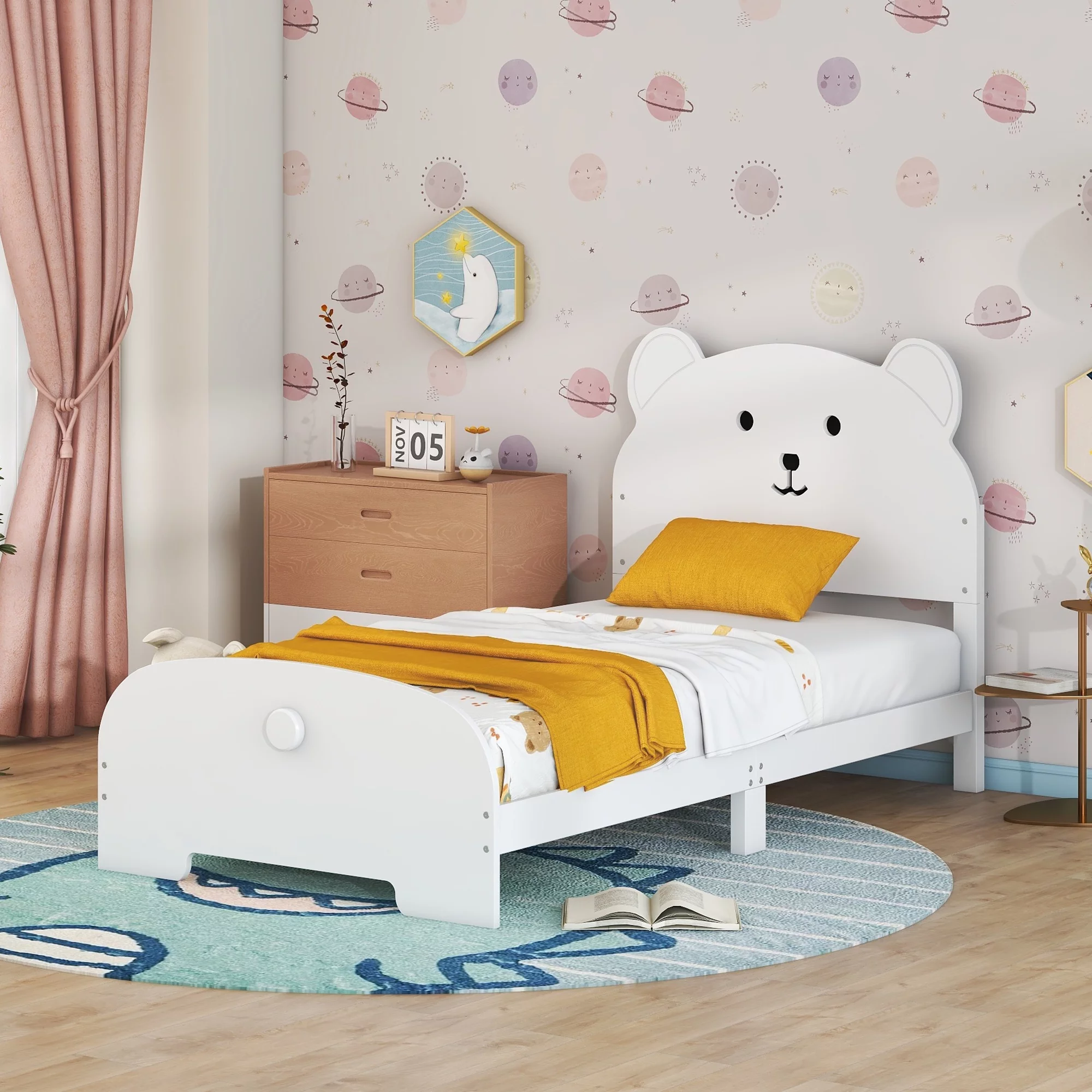 CoSoTower Twin Size Wood Platform Bed with Bear-shaped Headboard and Footboard,White