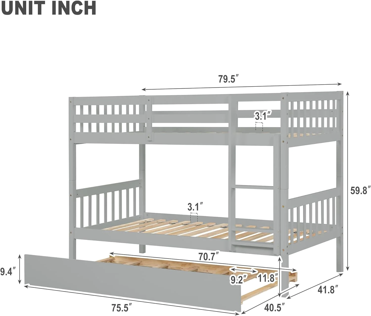 Over Bunk Bed With Trundle, Convertible Into 2 Beds,The Bunk Bed With Ladder And Safety Rails, White