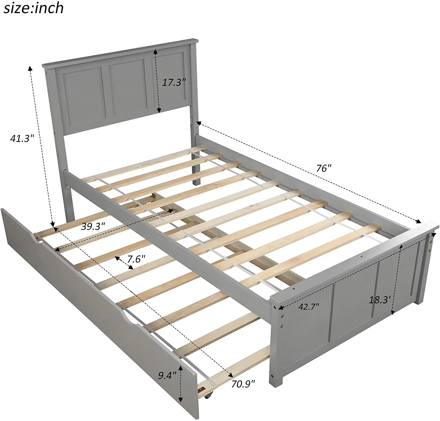 Modern Solid Wood Bed Frame with Trundle Low Platform Bed with Wood Slat Support, No Box Spring Needed Twin Gray