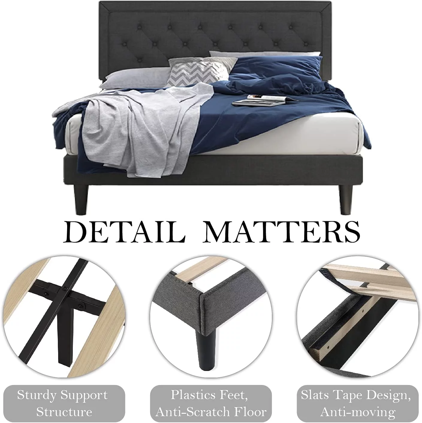 Sha Cerlin Grey King Platform Bed Frame with Upholstered Adjustable Headboard for Adult