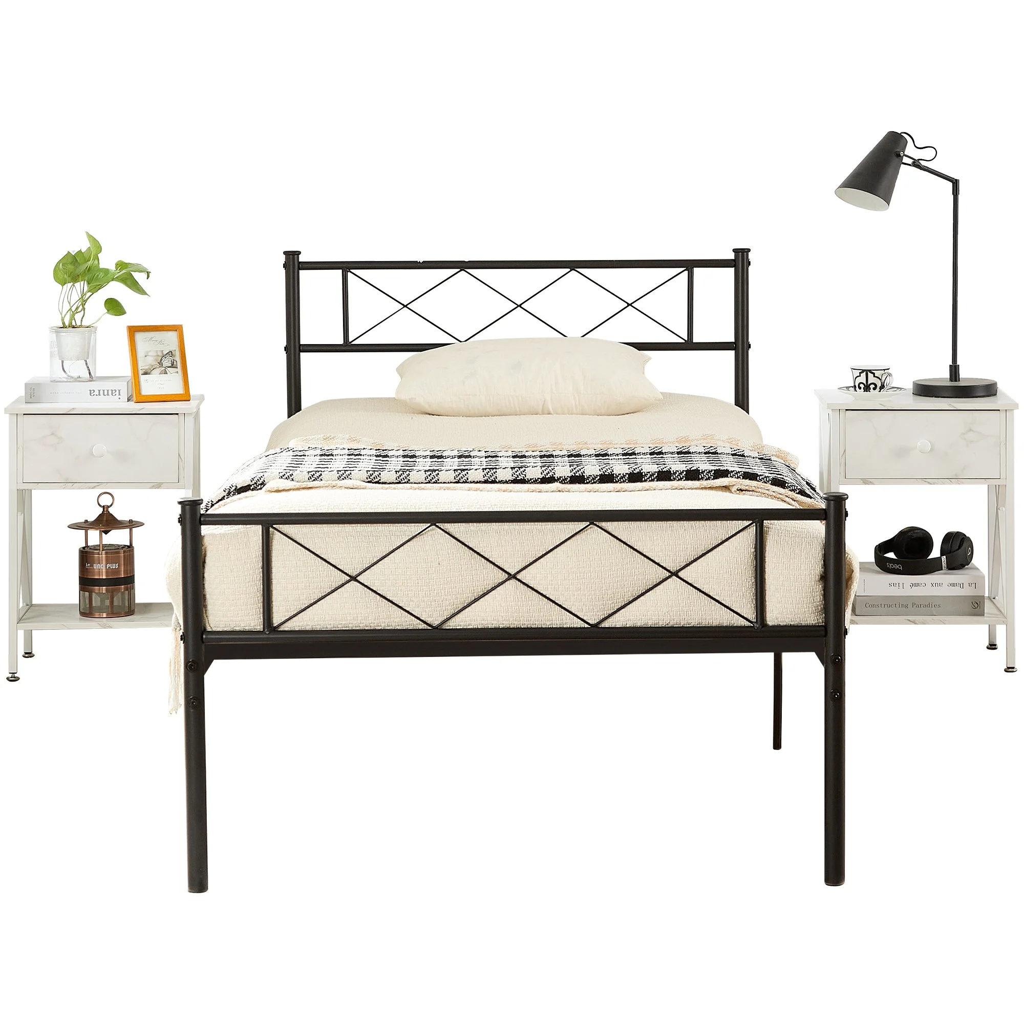 3-piece Bedroom Set, Twin Size Metal Platform Bed Frame and 2 White Nightstands