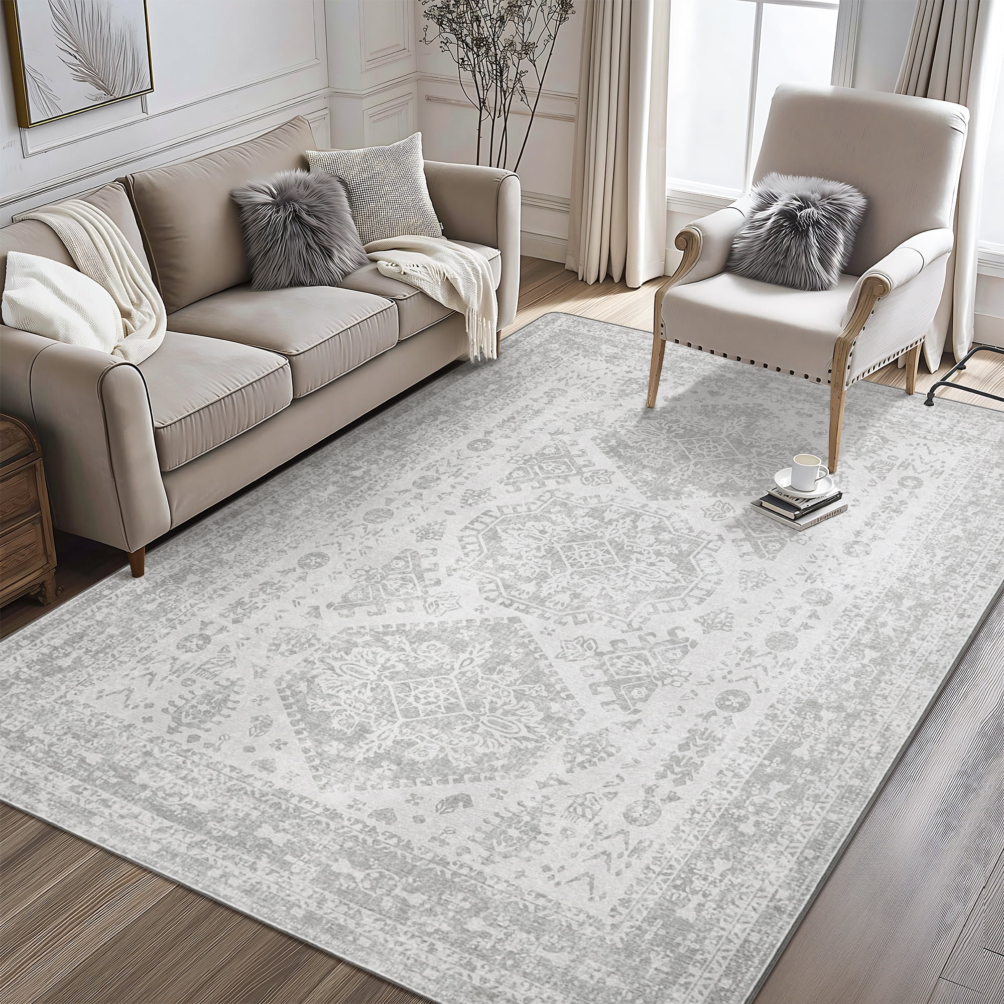 KUETH Area Rugs for Living Room 8x10 Machine Washable Bedroom Rugs Distressed Vintage Print Gray Large Throw Rug Dining Room Aesthetic, Non Slip Carpet with Gripper