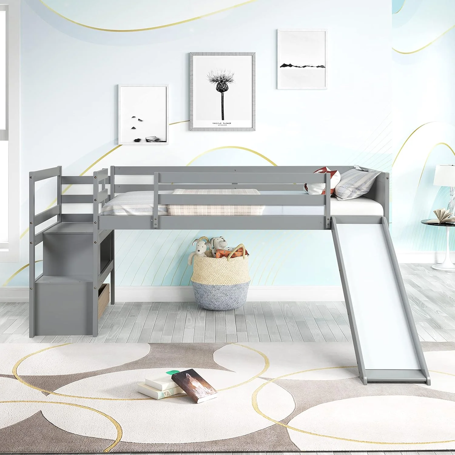 Moder Gray Loft Bed With Large Storage Space,Solid Wood Low Bed Frame With Guardrail,Stair,Kids Bed Slide,Space Savig Bed For Bedroom,Easy Assemble