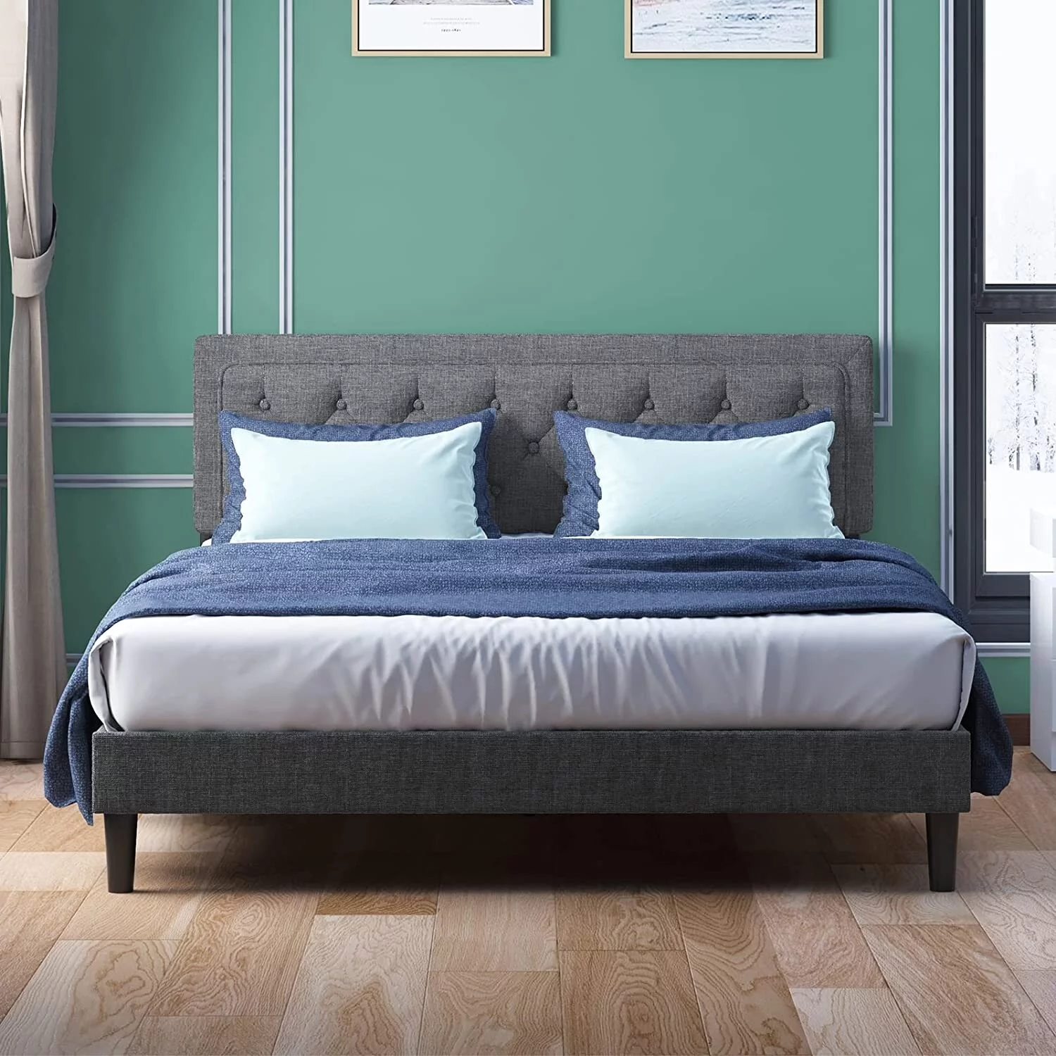 Mixoy Full/Queen/King Size Flat Bed Frame, Linen Fabric Upholstered Headboard with Button Tufted for Bedroom Apartment Dark Grey - Queen