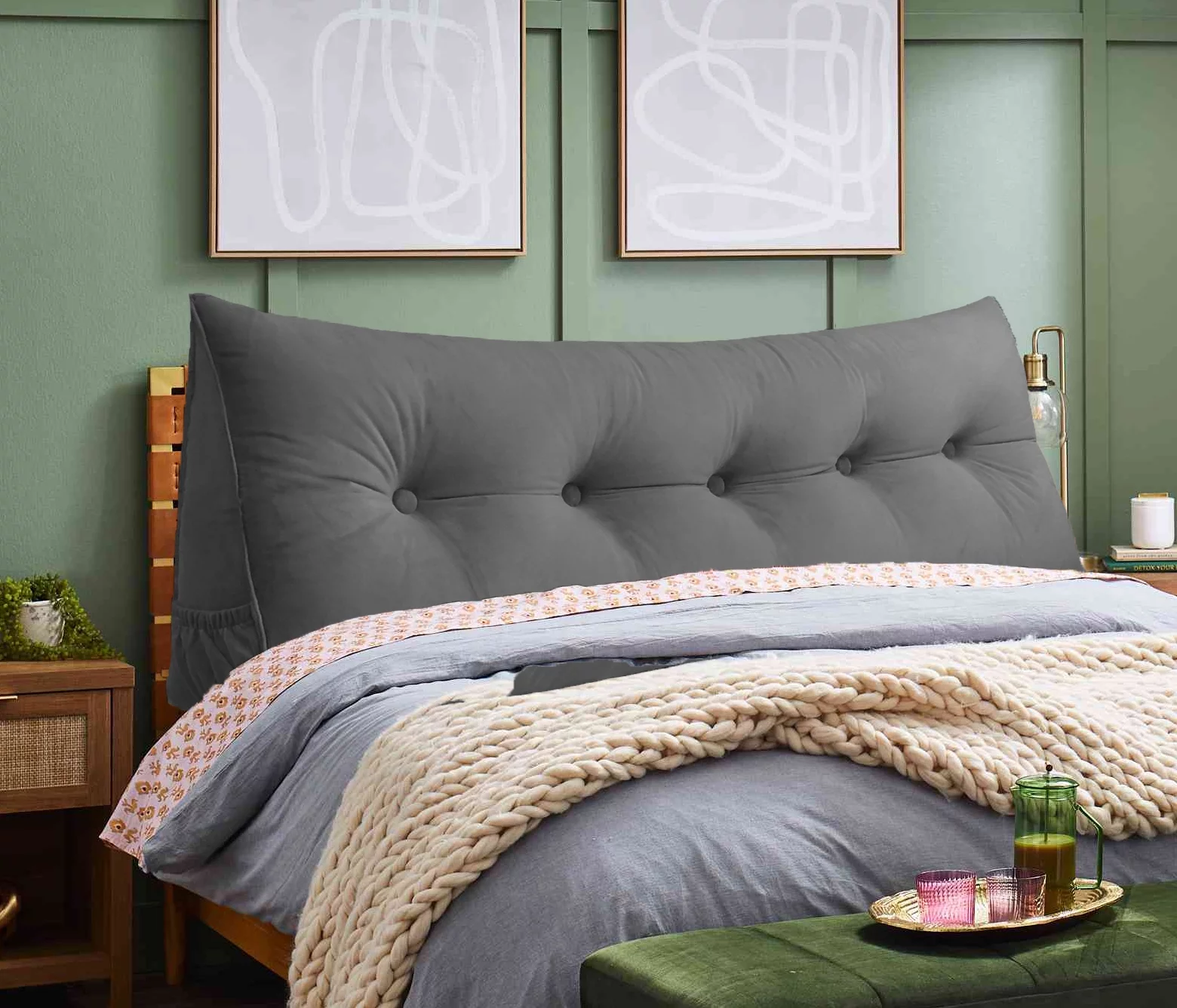 PEACHWELL Triangular Reading Bed Rest Pillow Large Bolster Cushion Headboard Backrest Wedge Pillow with Removable Cover and Two Large Side Pockets Grey California King 71 inches