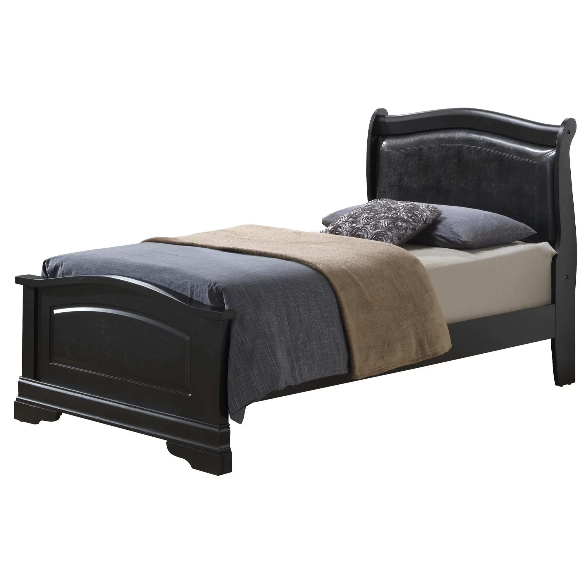 Passion Furniture PF-G3150C-TB2 Louis Philippe Upholstered Panel Bed, Black - Twin Size