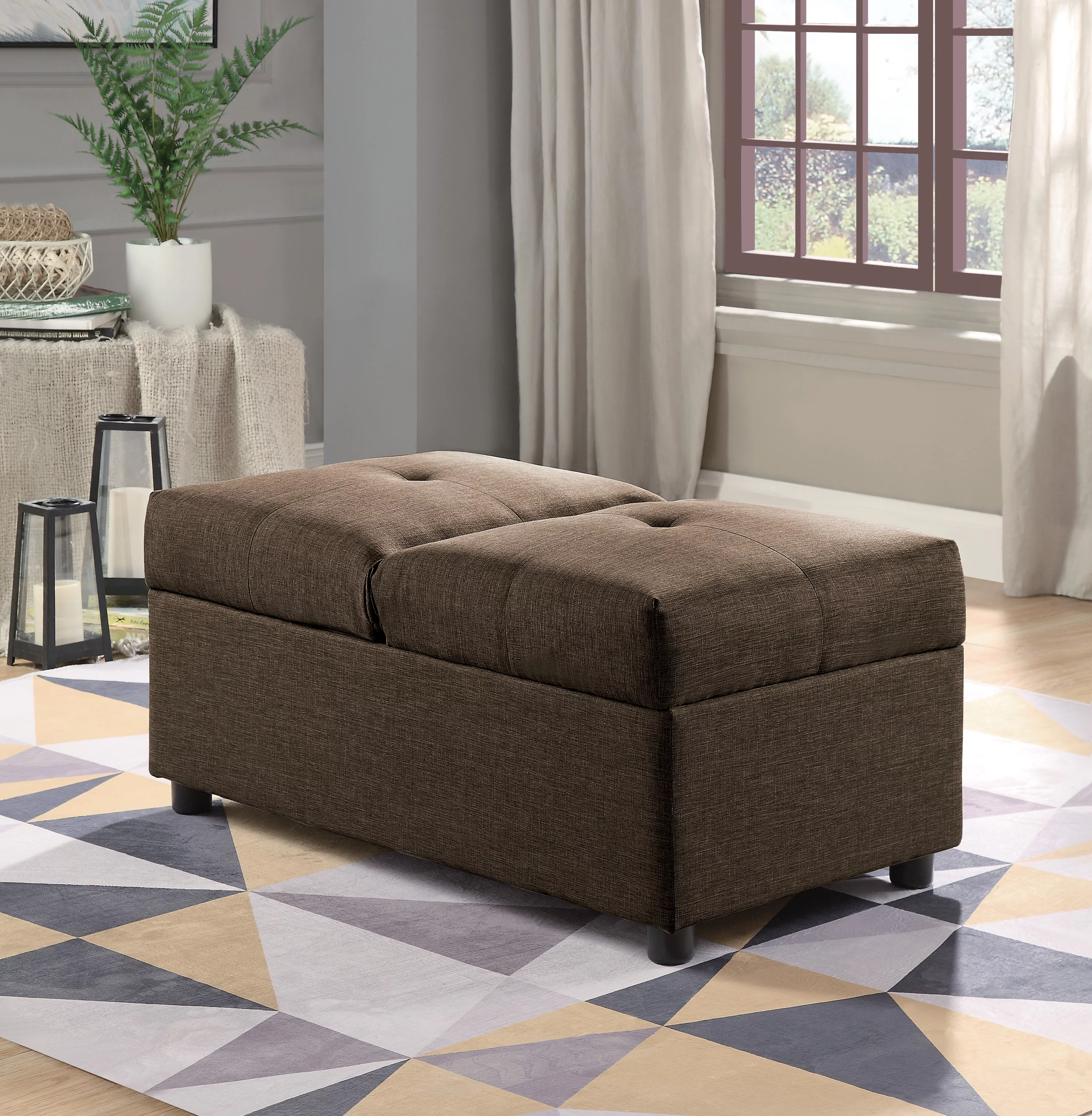 Docooler Brown Color Stylish 1pc Storage Ottoman Convertible Chair Foam Cushioned Fabric Upholstered Solid Wood Plywood Frame Living Room Furniture