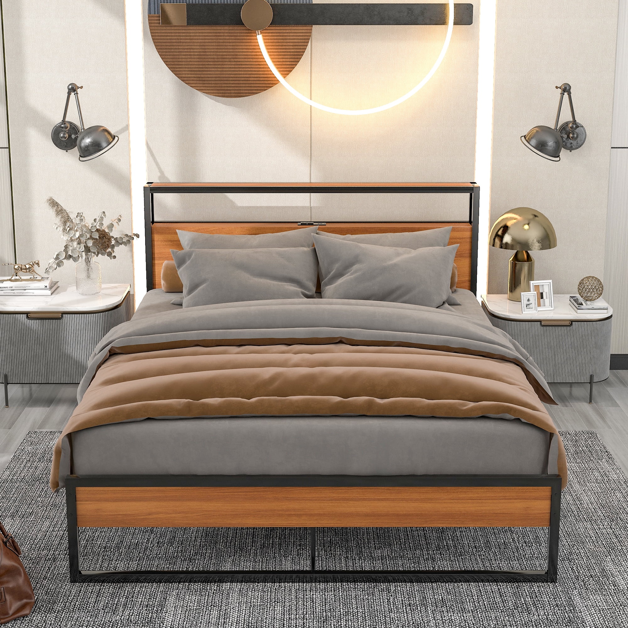 BTMWAY Metal Queen Bed Frame, Queen Size Platform Bed Frames with Wood Headboard, Sockets and USB Ports for Bedroom, No Box Spring Needed, Black