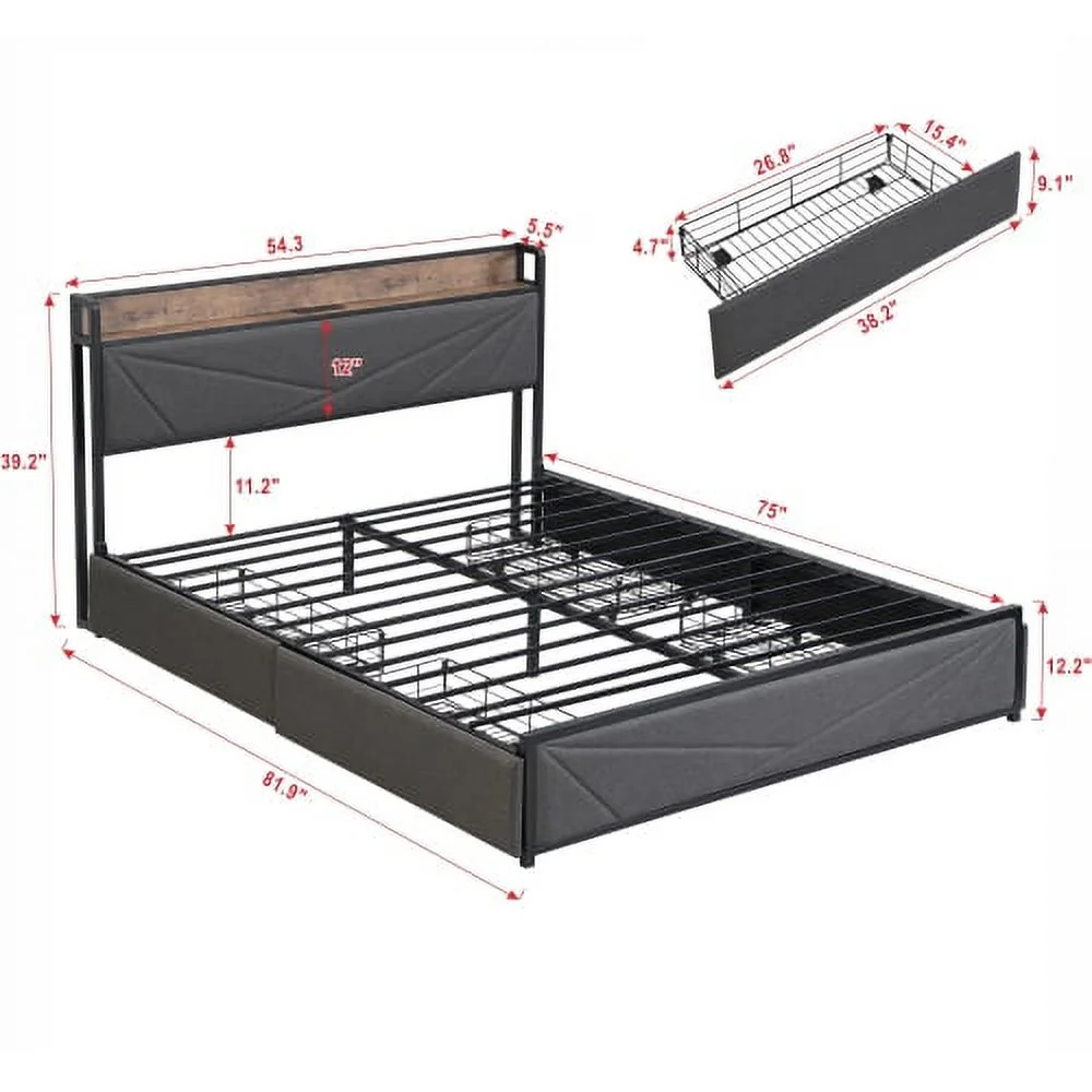 Full Bed Frame, Storage Headboard with Charging Station, Solid and Stable