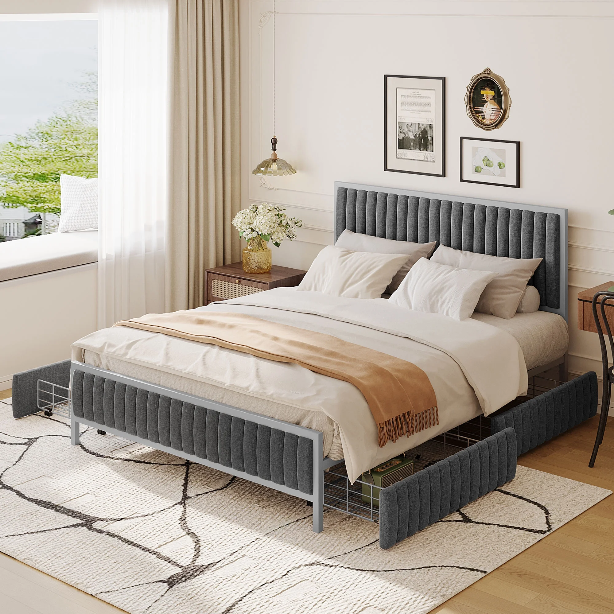 Churanty Queen Size Metal Frame Upholstered Bed with 4 Drawers, Linen Fabric, Gray
