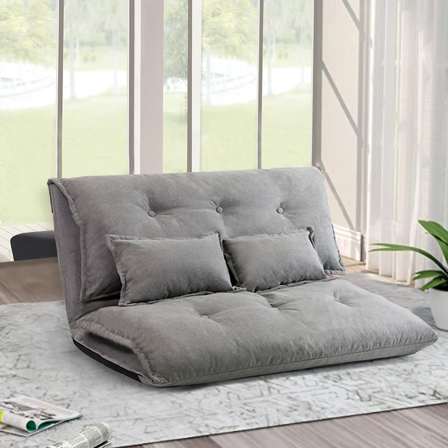 Adjustable Floor Sofa Bed - 2 Pillows, Comfortable Futons Set for Lazy TV, Gaming, Sleeping - Deep Grey