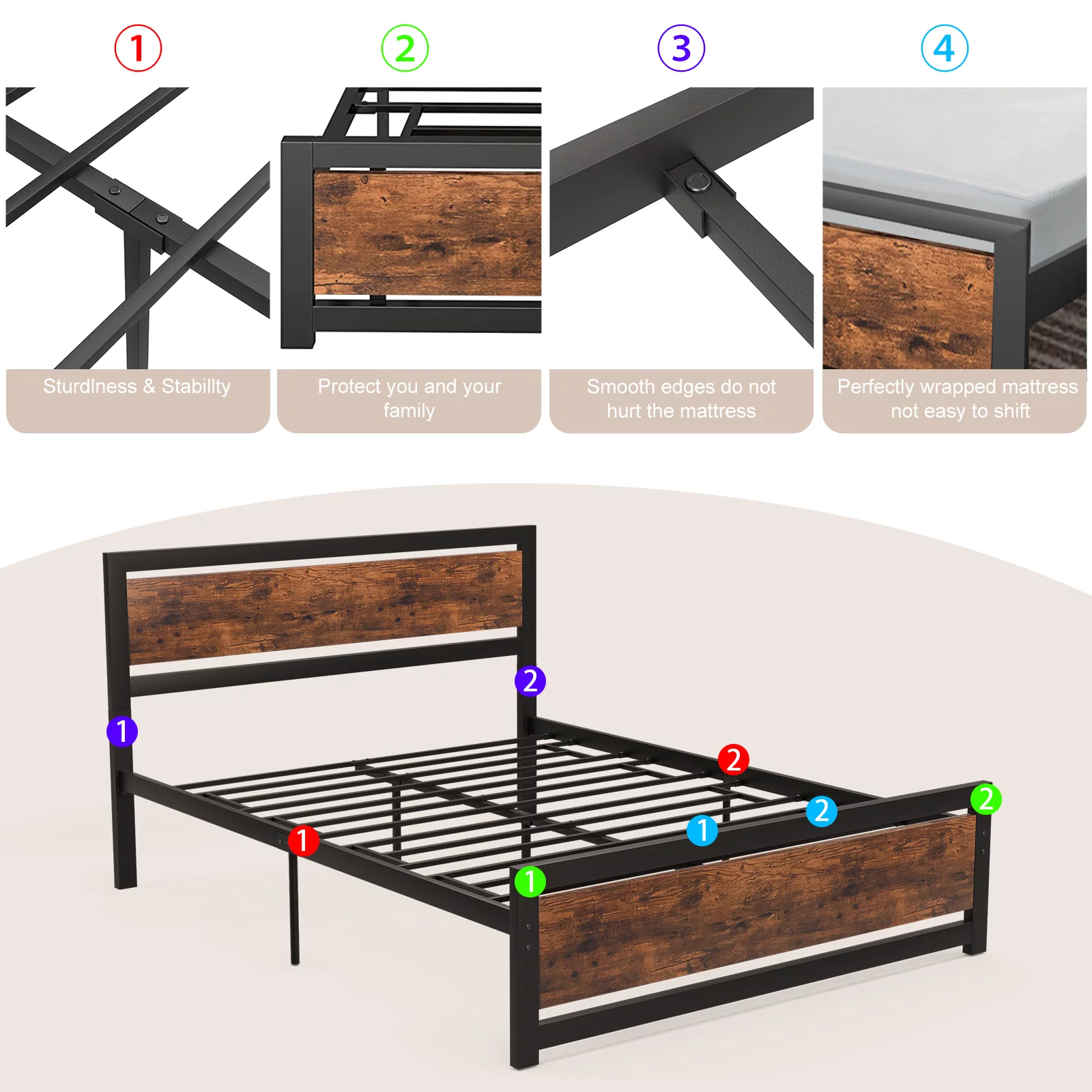 Codesfir Bed Frame with Wooden Headboard and Footboard, Industrial Metal Bed Frame with Heavy Duty Steel Slat Supports Foundation, No Box Spring Needed, Non-Slip, Noise Free (FULL size- Vintage Brown)