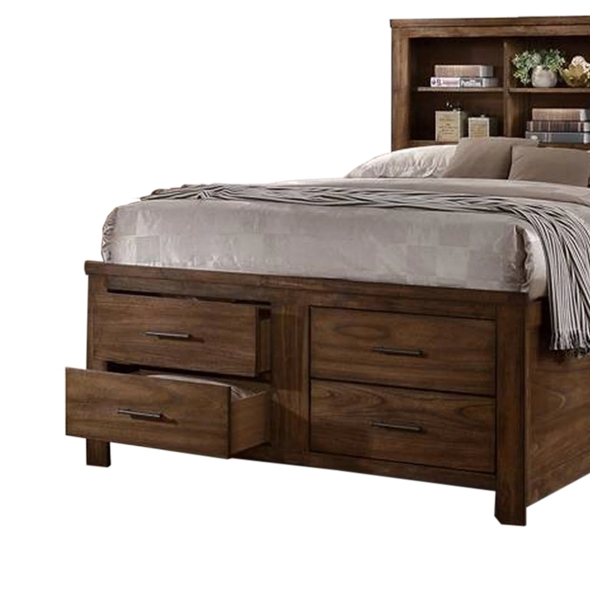 Benjara Tiva Wood Queen Size Bed, 6 Drawers, Book Case Frame, Distressed Oak Brown