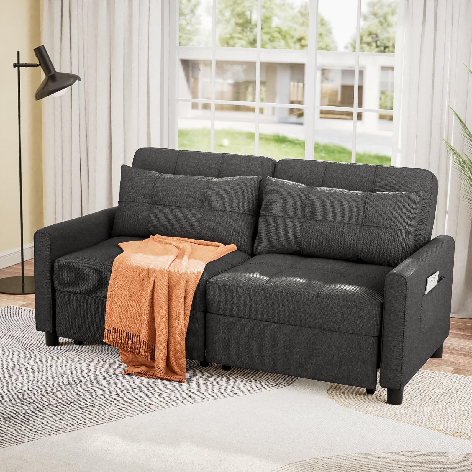 Convertible Sofa Bed, 3 in 1 Sleeper Sofa Couch Bed, 58” Love Seat,Dark Gray