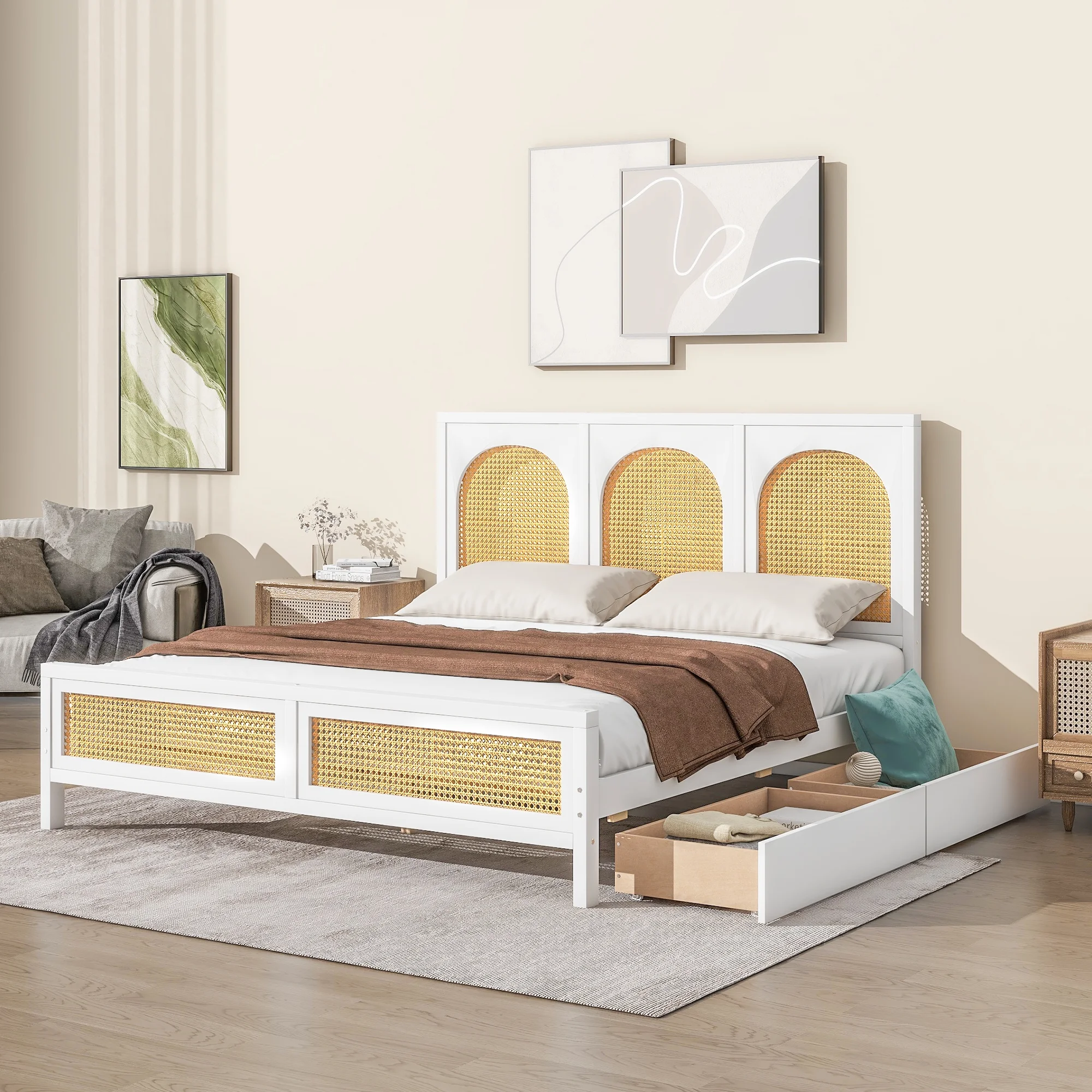 CoSoTower Queen Size Wood Storage Platform Bed with 2 Drawers, Rattan Headboard and Footboard, White