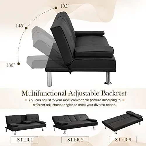 RUNFAYBIU Futon Sofa Bed  Modern Leather Living Room Sofa  Loveseat Folding Convertible Sofa  Couch Bed Sofa Pull Out with 2 Cup Holders with Armrest in The Middle(Black)