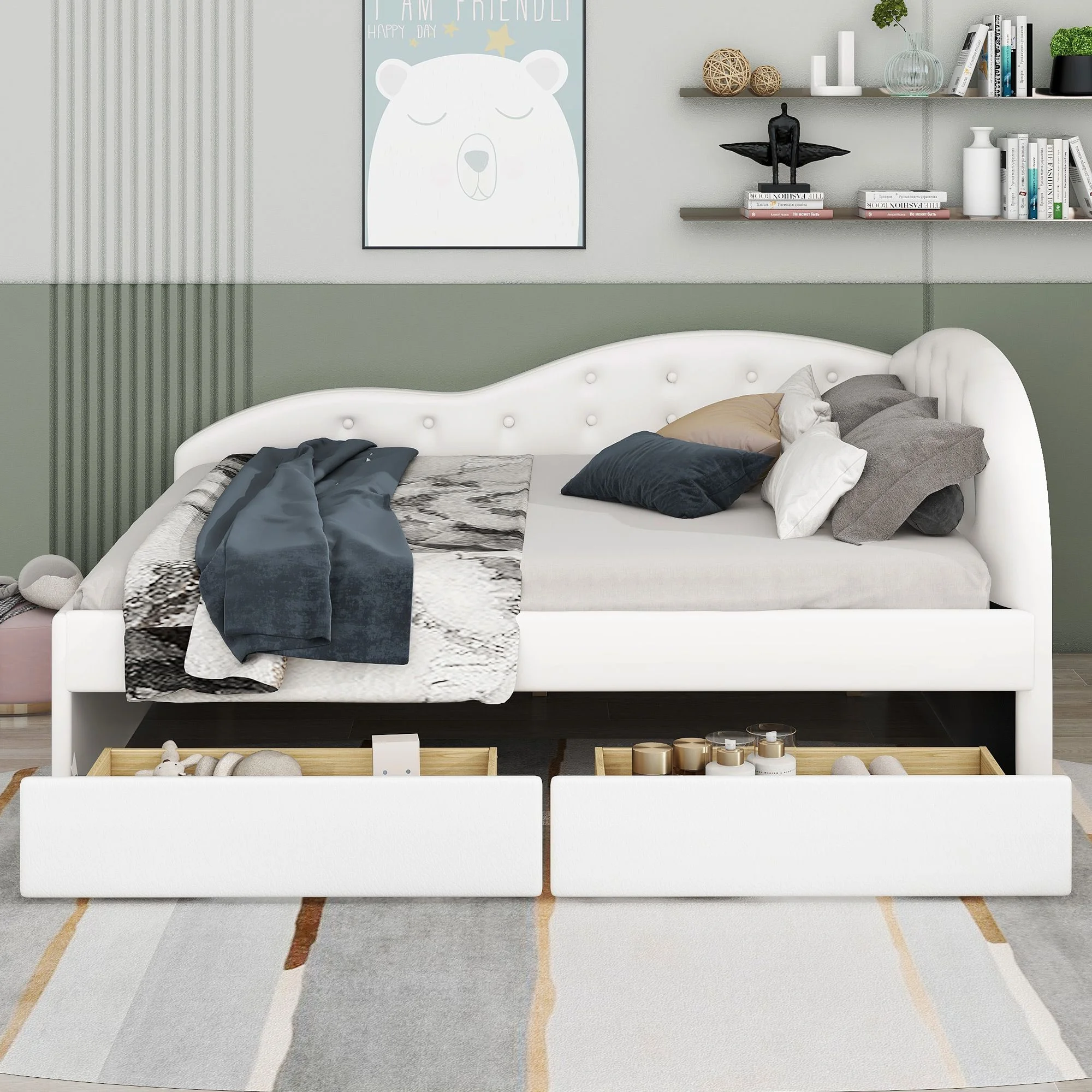 Elegant Design PU Upholstered Daybed with Two Drawers and Cloud Shaped Guardrail, Wood Day Bed for Office/Living Room/Bedroom, Sturdy Slats Support Wooden Sofa Bed