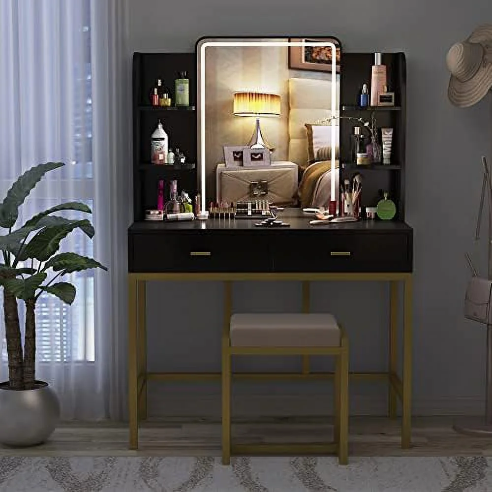 NLIBOOMLife Vanity Set with Lighted Mirror Vanity Dressing Table with LED Lights Shelves Cushioned Stool & 2 Drawers Dresser Desk for Bedroom Black