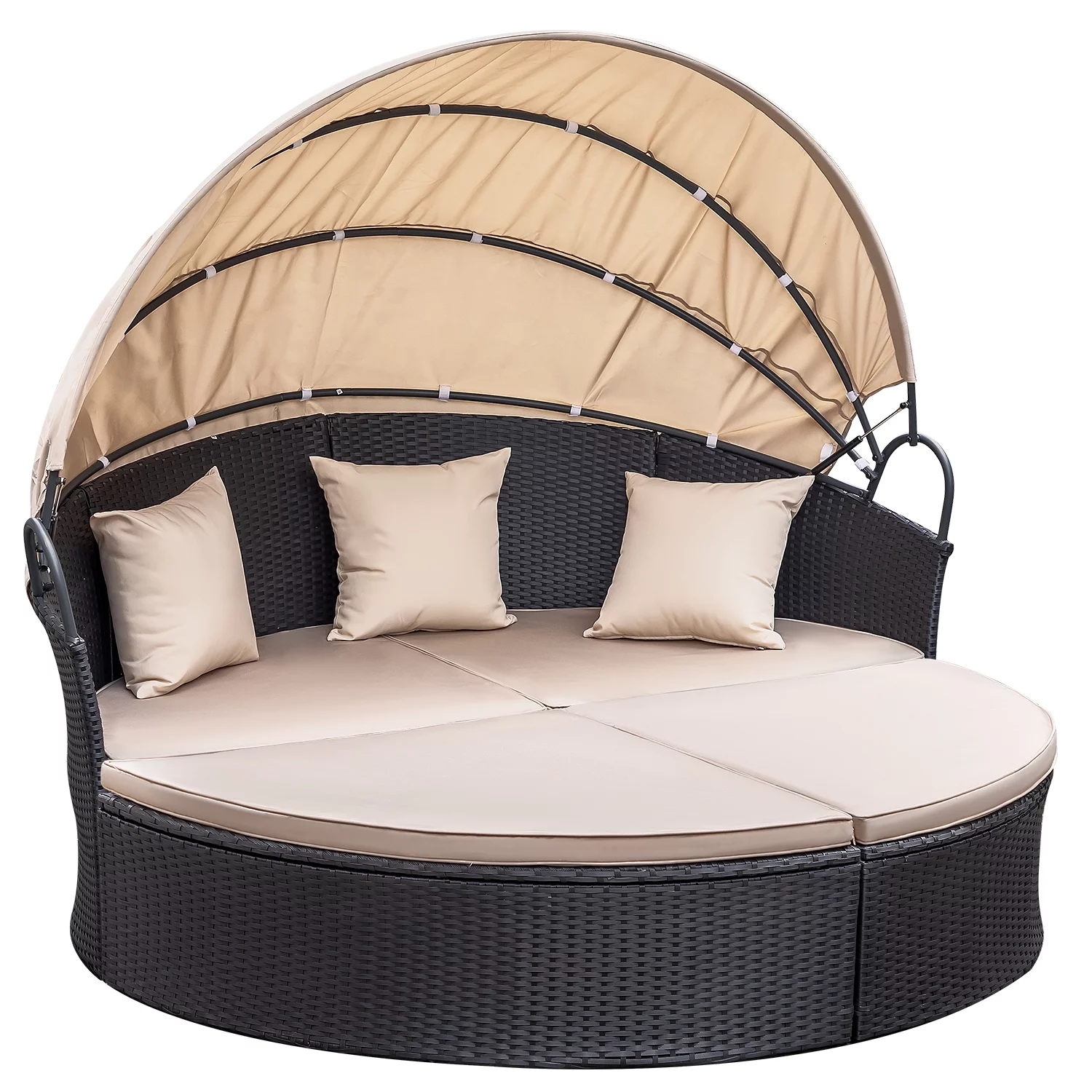 Homall Outdoor Daybed with Retractable Canopy Sectional Rattan Round Bed for Patio, Black & Beige