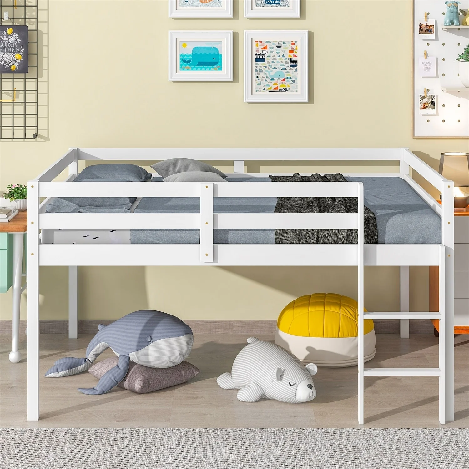 MERAX  Full Loft Bed with Guard Rail & Ladder White