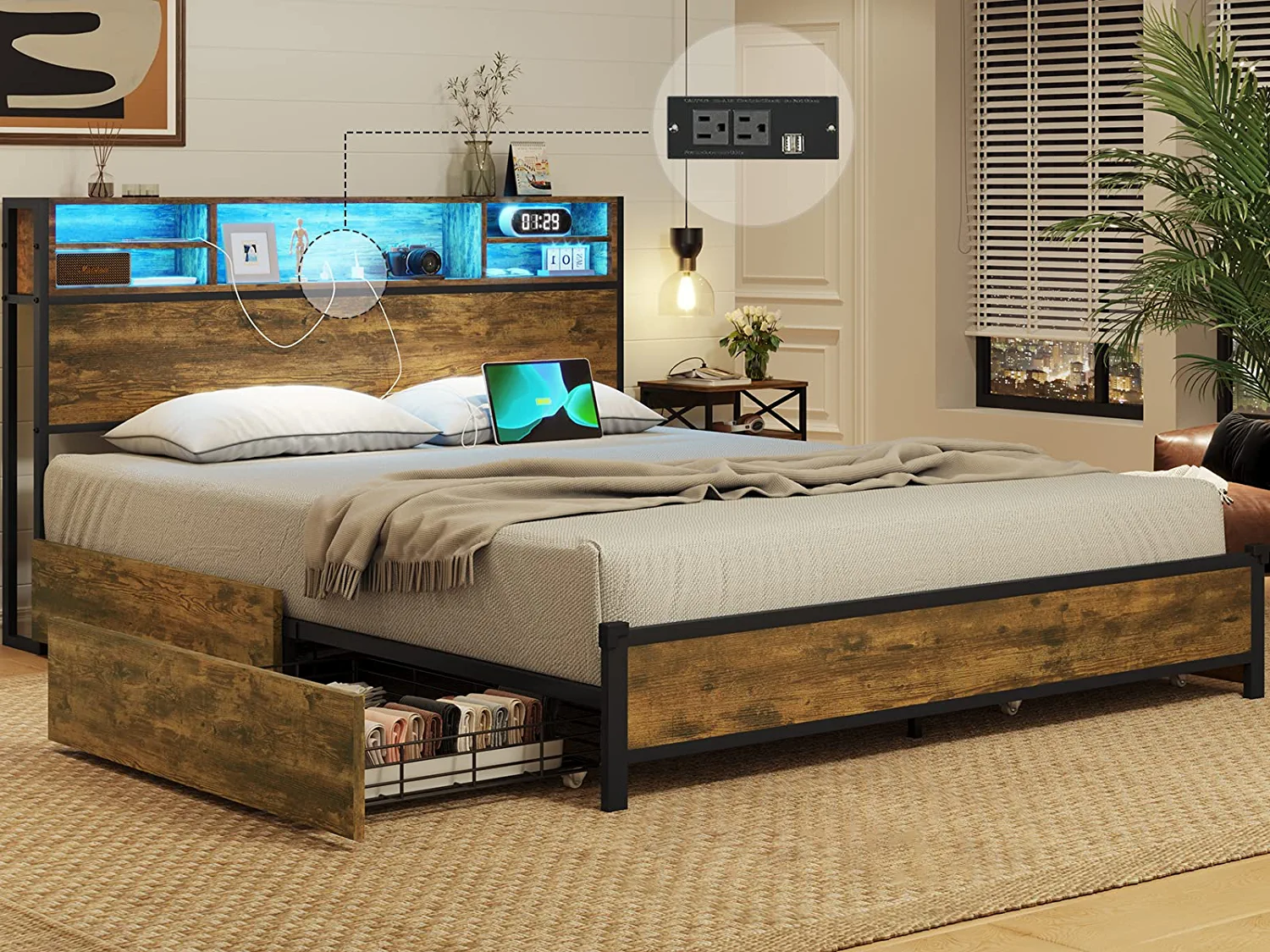 LED Bed Frame Full Size with Outlets and Bookcase Headboard, Metal Platform Bed with Storage Drawers, No Box Spring Needed, Vintage Brown
