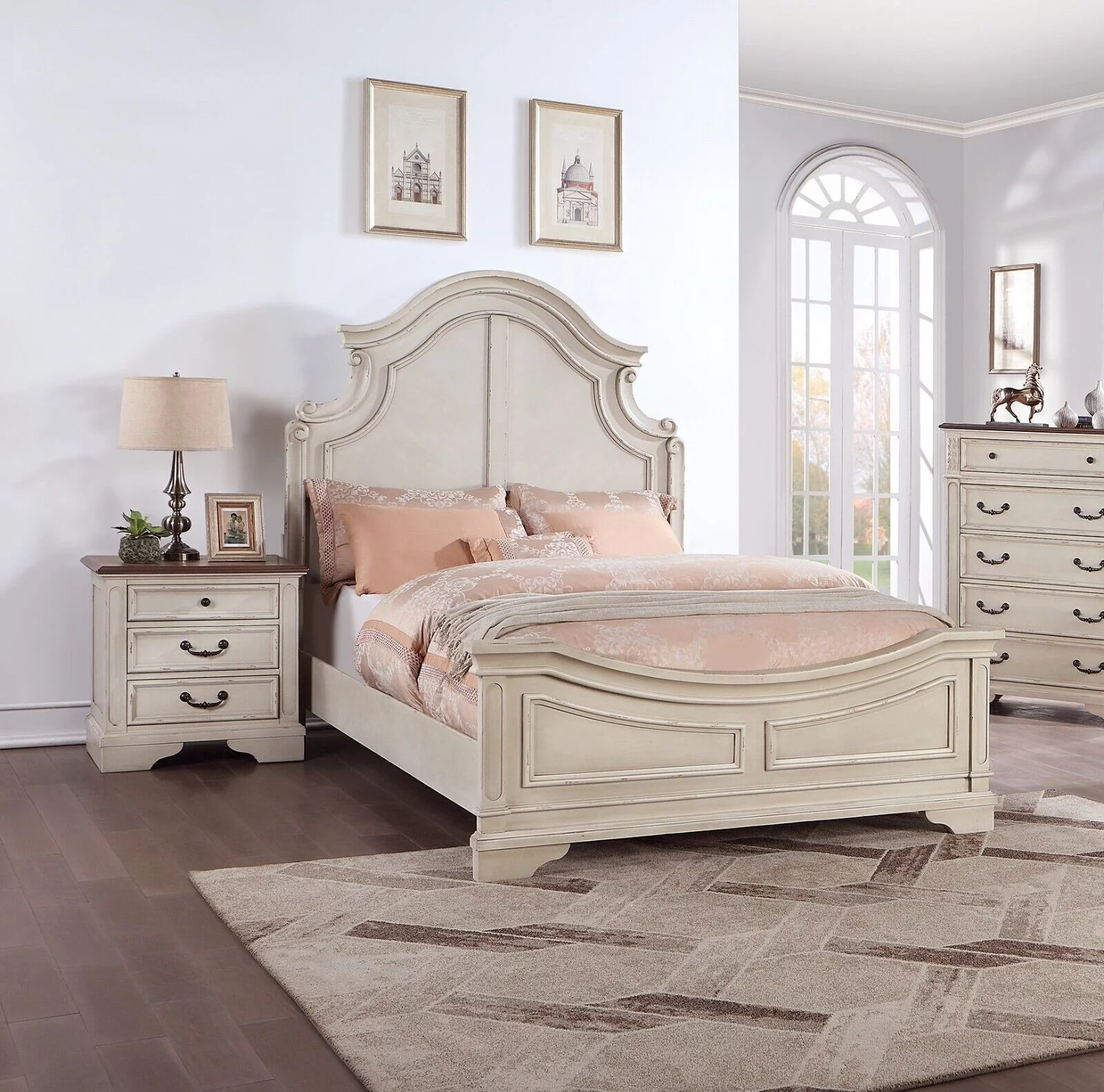 Formal Look Gorgeous Eastern King Size Bed and 2x Nightstands 3pc Set Bedroom Furniture Cream Finish 3pc Set Unique HB FB