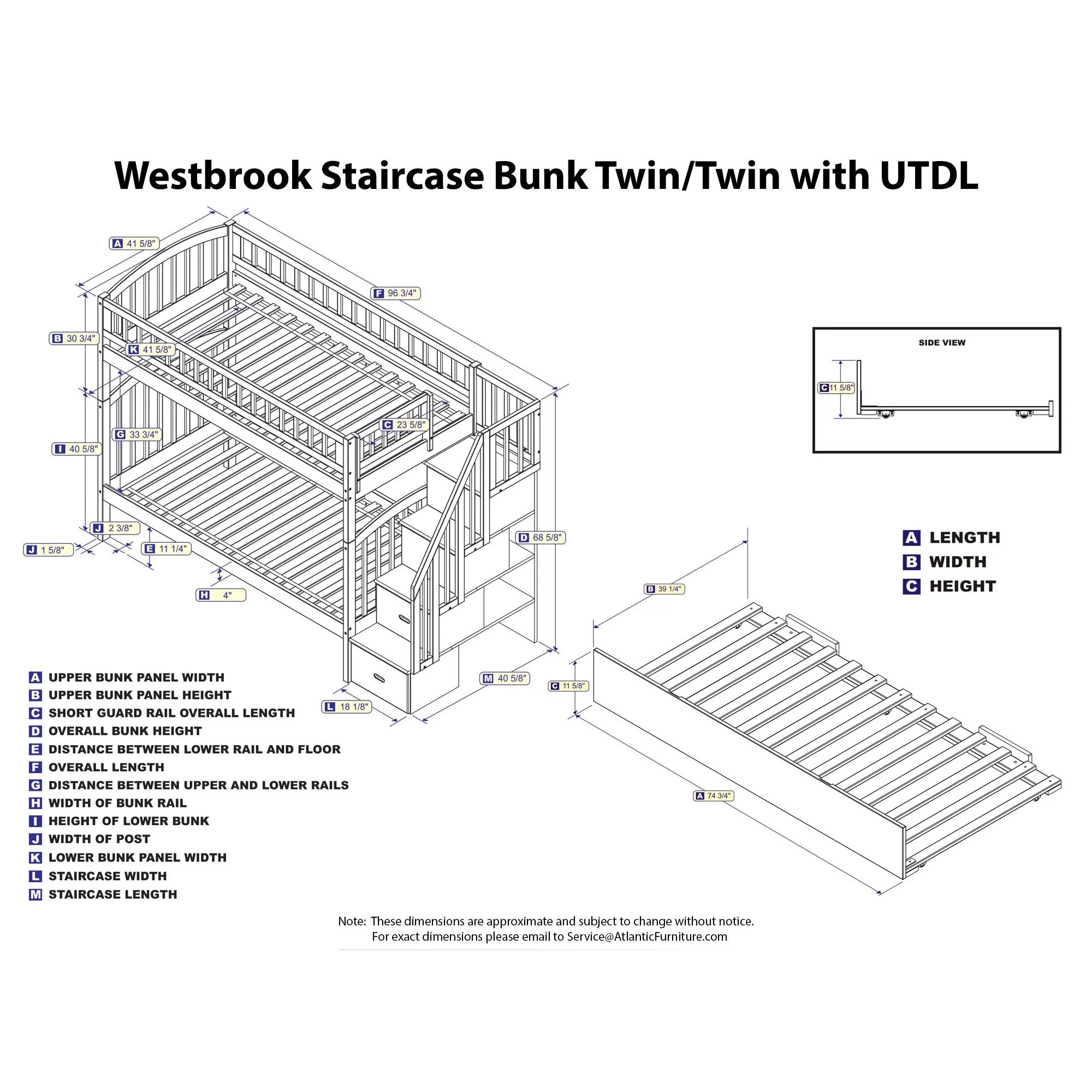 Westbrook Staircase Bunk Twin over Twin with Twin Size Urban Trundle Bed in White