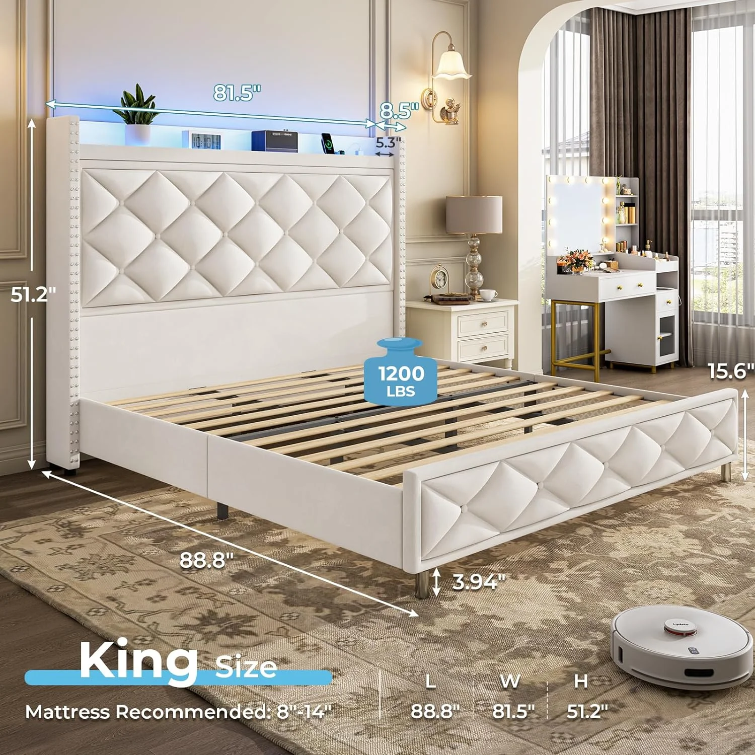 White Bed Frame King Size Upholstered Platform Bed Frame with LED Lights&Charging Station&Button Tufted Storage Headboard,No Box Spring Needed