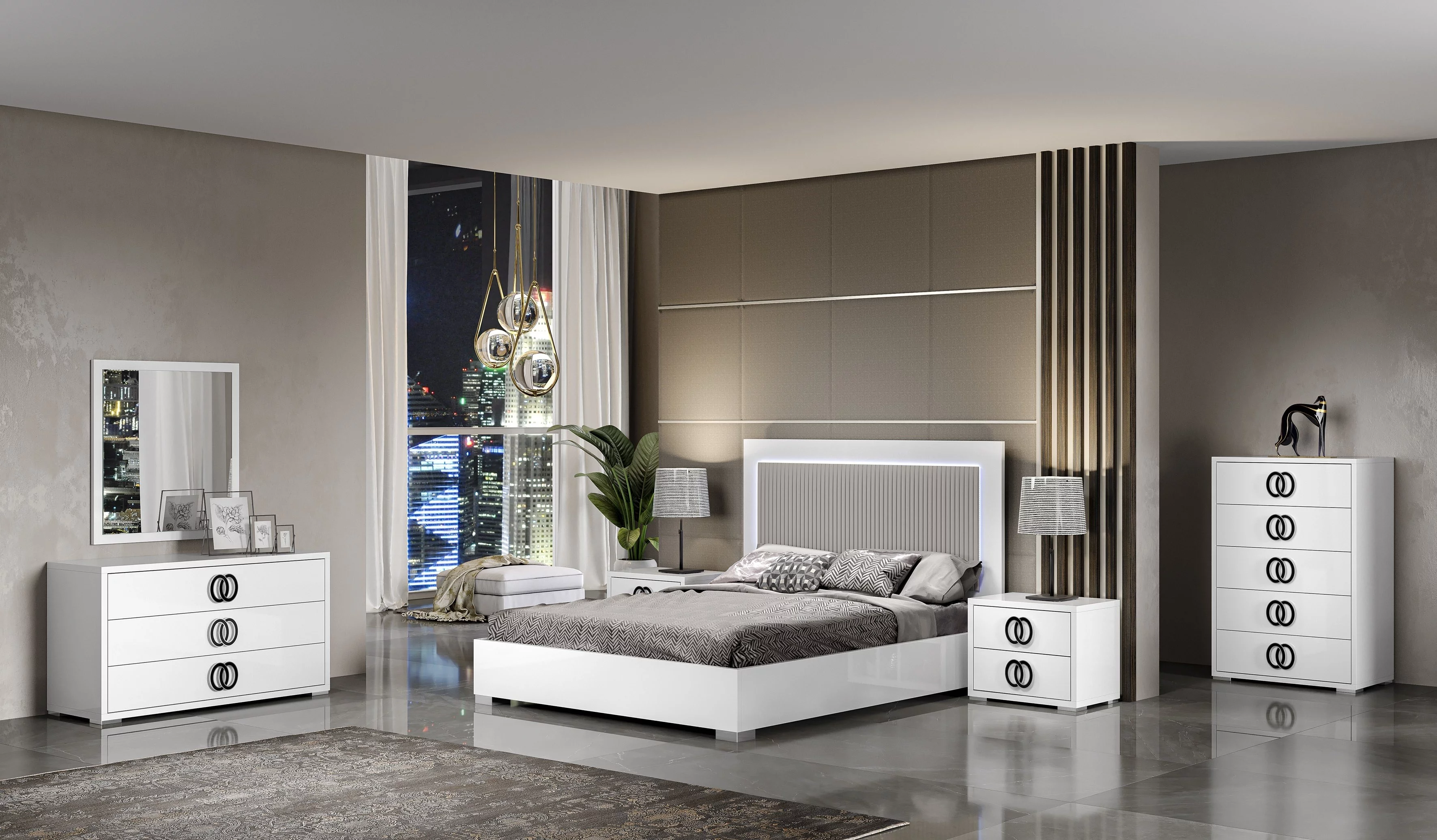 J&M Furniture Luxuria Premium Bedroom with 6 piece queen bed, chest ,dresser ,mirror and 2 nightstand ,queen bedroom set