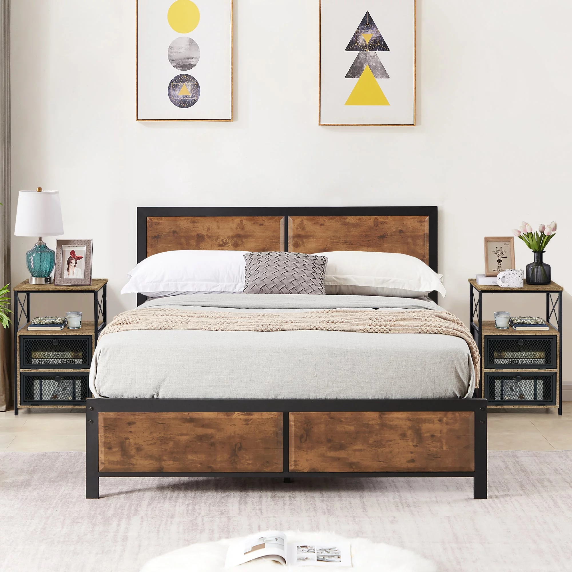 VECELO 3-Piece Full Bedroom Sets with Wooden Headboard Bed Frame and 2 Gray Nightstands
