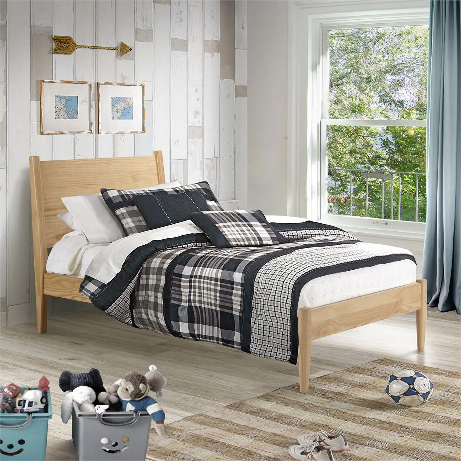 Pemberly Row Mid-Century Wood Twin Panel Bed in Scandinavian Oak