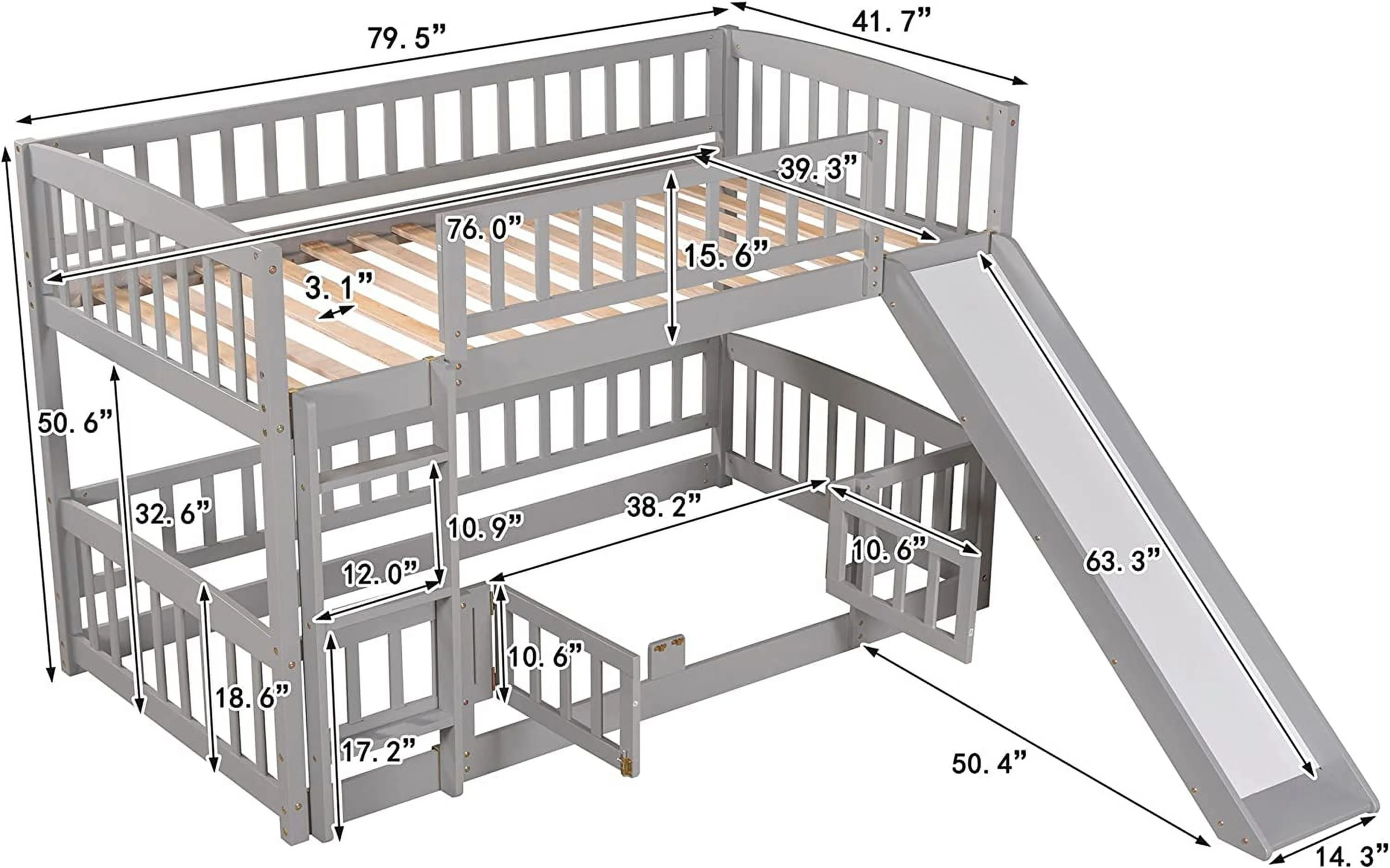 Over Bunk Bed Wih Converible Slide And Ladder, Floor Bunk Bed Wih Fence, Wood Bunk Bed Frame Wih Guardrails And Fence For Kids, Low o Ground Design Low Bunk Bed, Gray