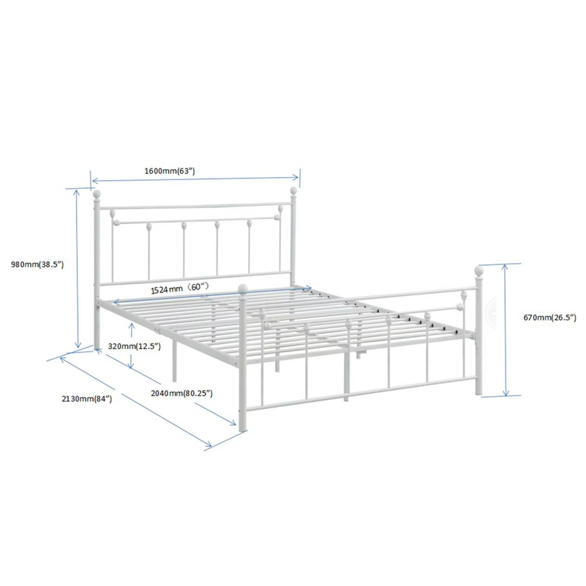 Queen Size Metal Bed Frame with Headboard and Footboard White