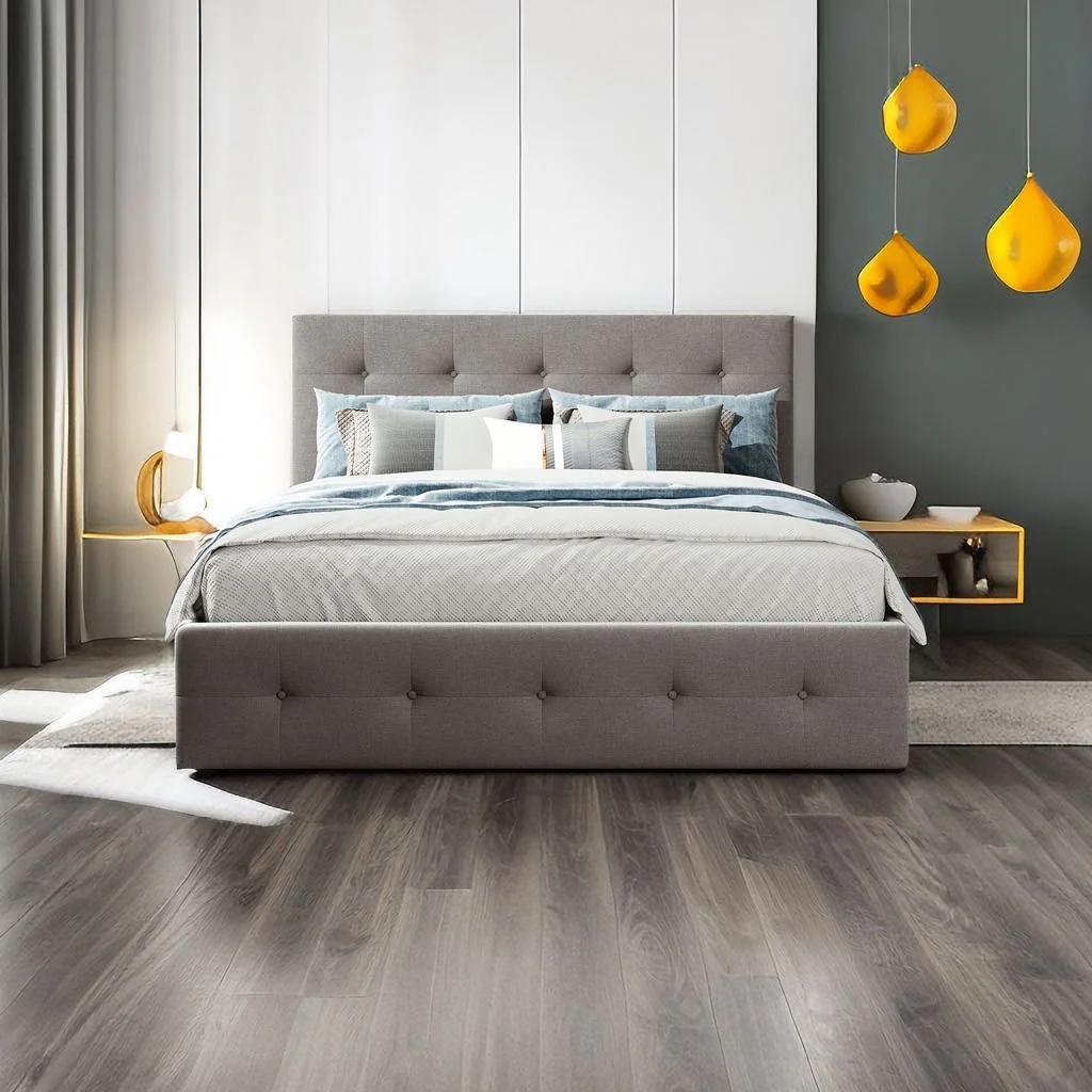 Upholstered Platform Bed with 2 Drawers and 1 Twin XL Trundle, Linen Fabric, Queen Size